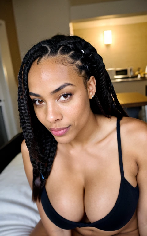 photorealistic, best quality, hyper detailed, beautiful light skin mixed woman with black box braids , eyes open, webcam photo angle, upper body, solo, wearing loungewear, no headphones, indoors, (night), cozy home, sat on a bed, (comfortable), skin texture with perky 30G boobs visible under clothing, film grain, close up, ultra high res, best shadow, RAW, instagram LUT.