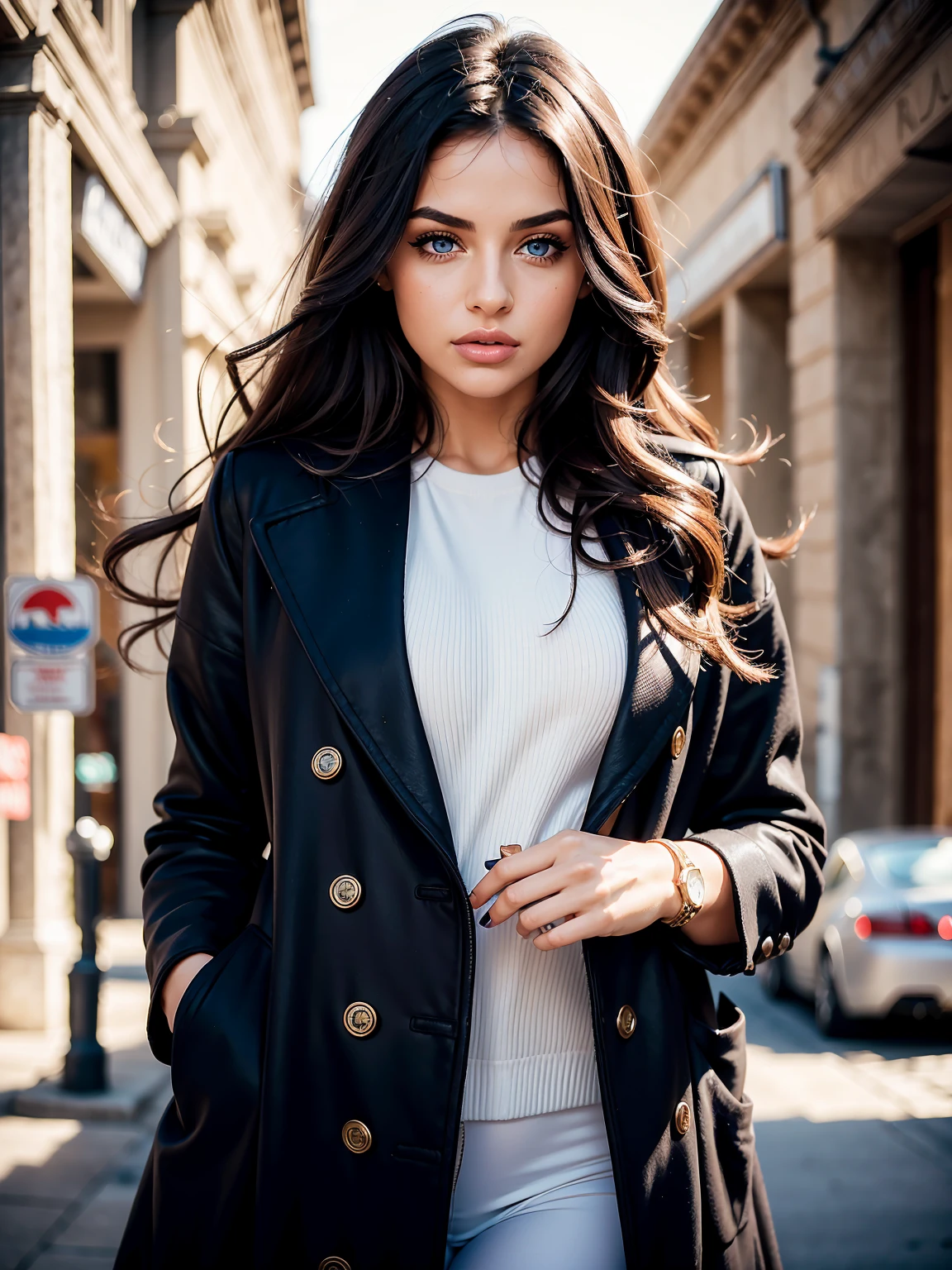 Sexy woman, Albanian, 24 years, cute, neat face, detailed, small neat nose, neat plump lips, big eyes, blue eyes, Alice Milano, long hair, curly hair, natural shine, chocolate hair, portrait, focus on face, gorgeous, city girl,western, hot girl, in long coat, San Francisco, (masterpiece), best quality, high resolution, extremely detailed, depth of field