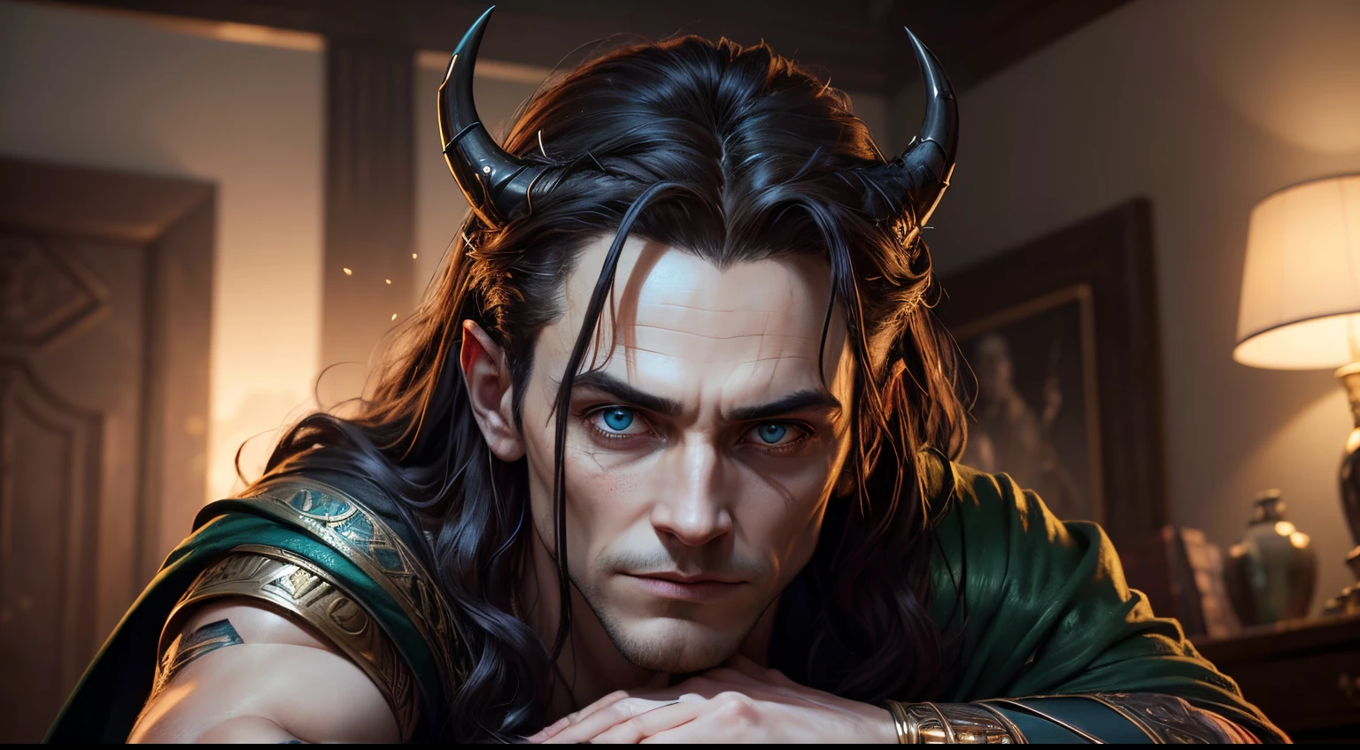 (best quality,4k,8k,highres,masterpiece:1.2),ultra-detailed,(realistic,photorealistic,photo-realistic:1.37),Loki,the god of trickery and evil,[complex character],[intriguing personality],portrait,detailed features,expression of mischief,sharp eyes,smirking lips,[smoky background],[mischievous atmosphere],dark colors,(sinister,shadowy) light,subtle highlights,ominous,mythology