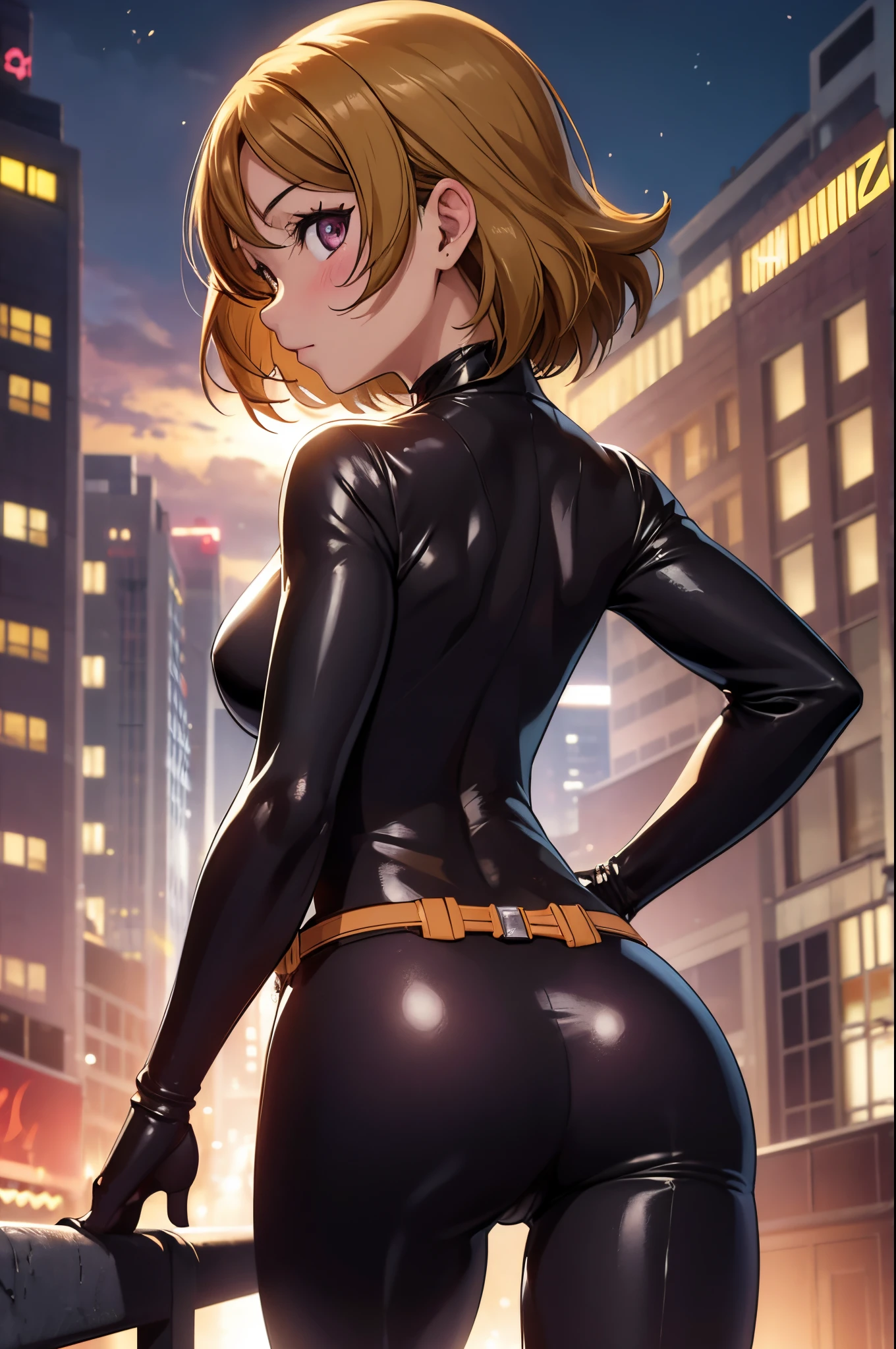 koizumi hanayo, (tight bodysuit:1.2), batman custom  , cowboy shot,belt, Blushing, walking, from behind, looking back