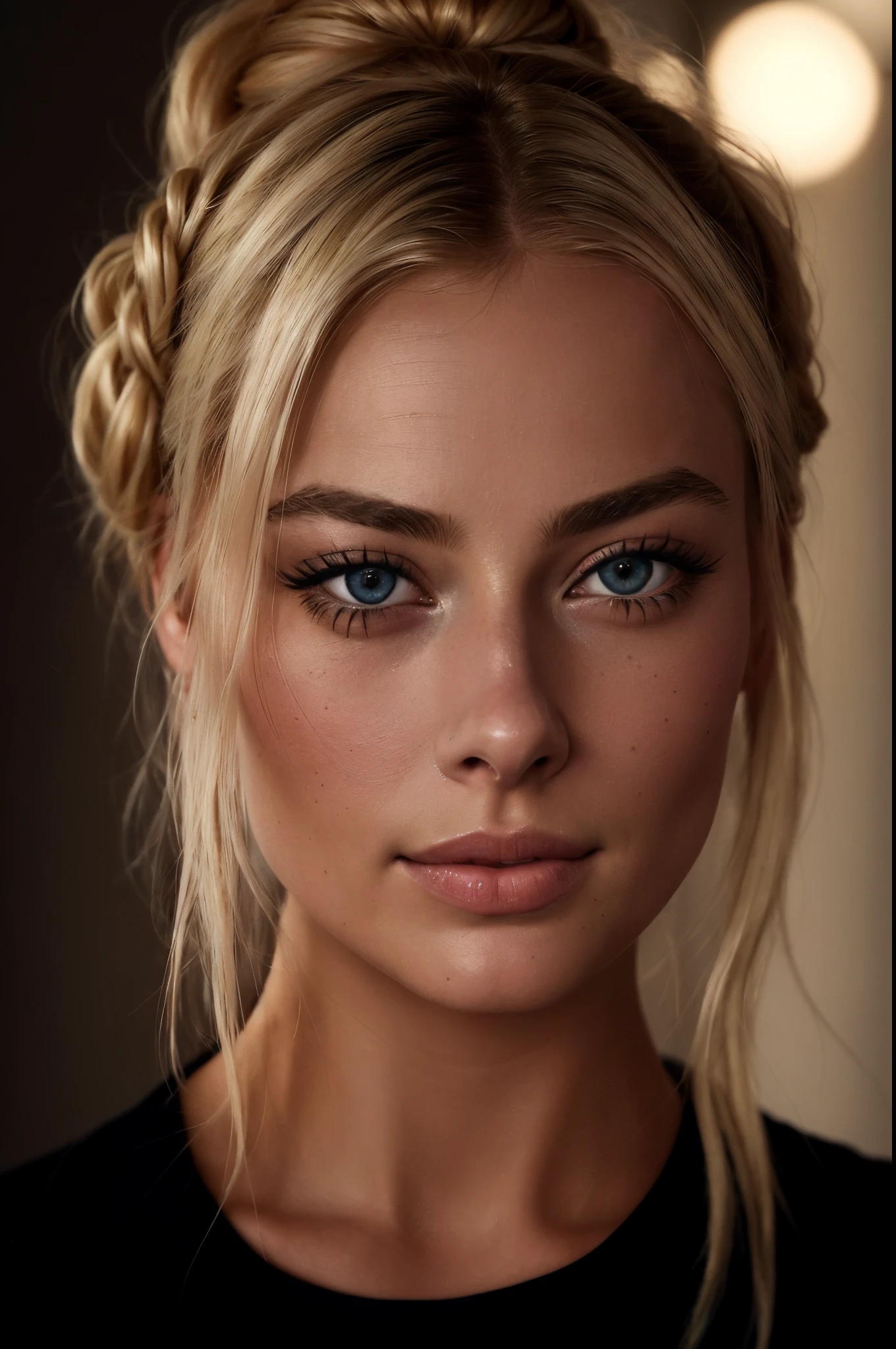 blond woman with a messy bun in her hair looking at the camera, gorgeous face portrait, portrait of margot robbie, detailed perfect face, stunning closeupheadshot, close-up perfect face, perfectly lit face, gorgeous face, samara weaving, blonde braids and blue eyes, perfect detailed face, margot robbie face, margot robbie portrait, stunning portrait, extremely beautiful face
