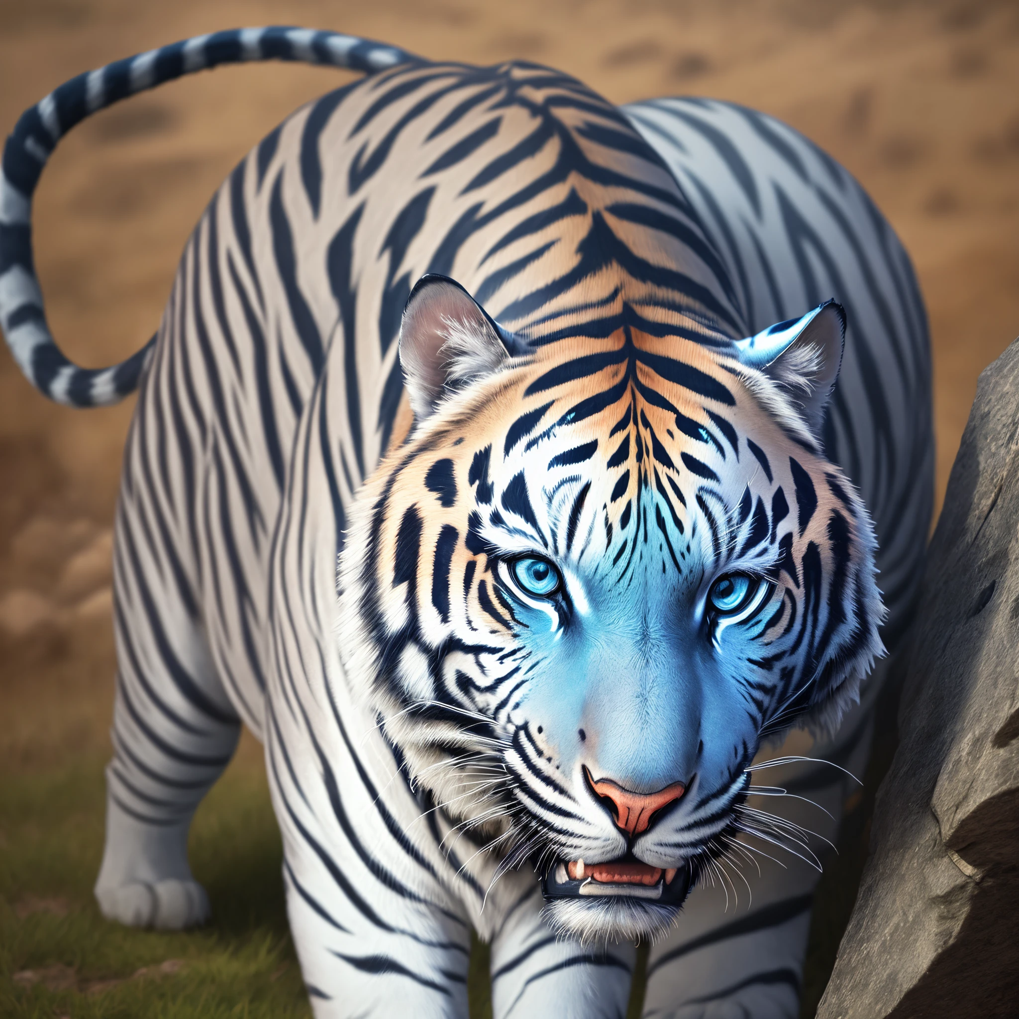 blue tiger with red stripes photo realistic