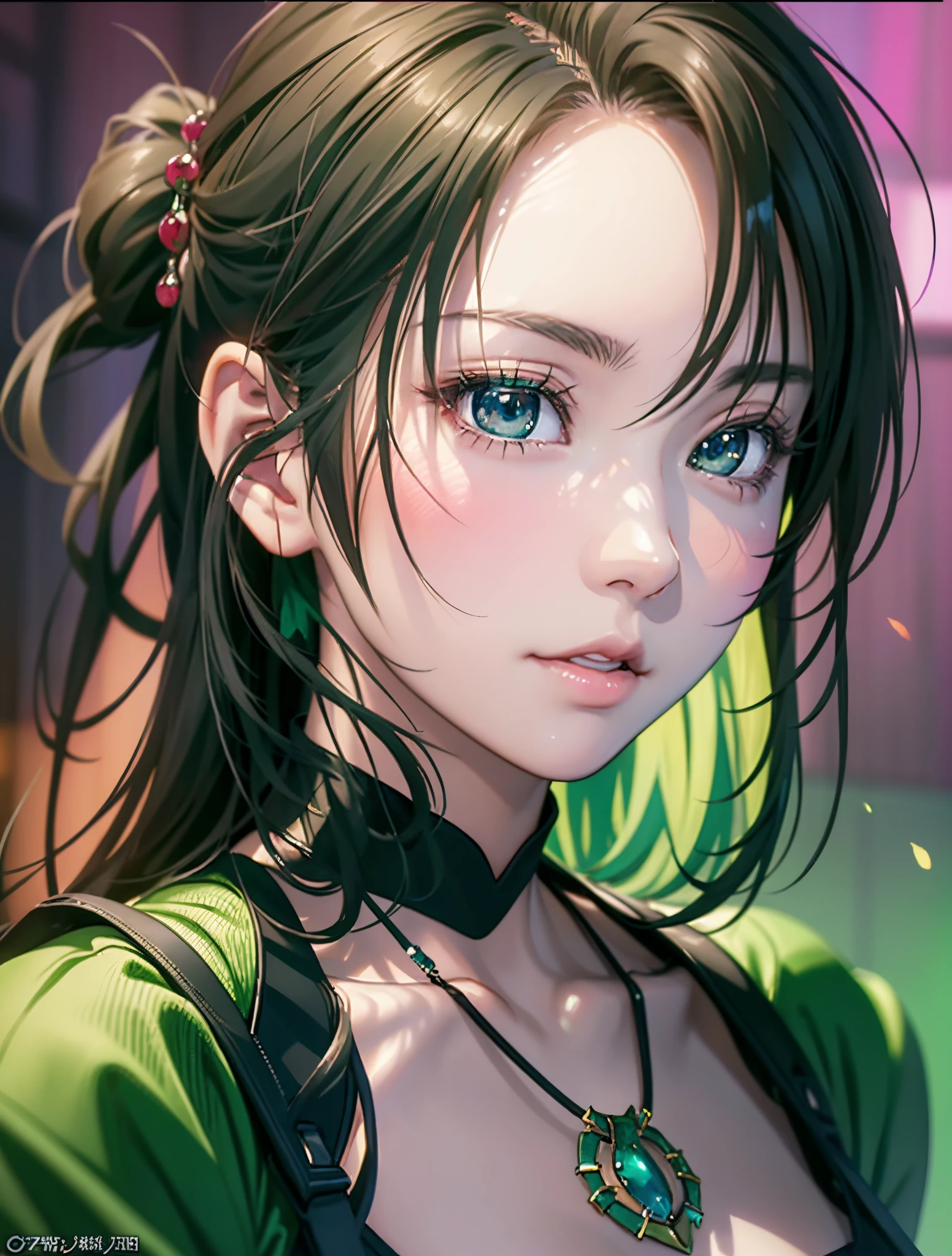 Close up portrait of woman with green dress and necklace, artwork in the style of guweiz, realistic anime 3 d style, Beautiful Anime Portrait, Anime Realism Style, detailed portrait of an anime girl, beautiful character painting, by Yang J, Stunning anime face portrait, Realistic anime art style, Portrait of an anime girl, beautiful anime style