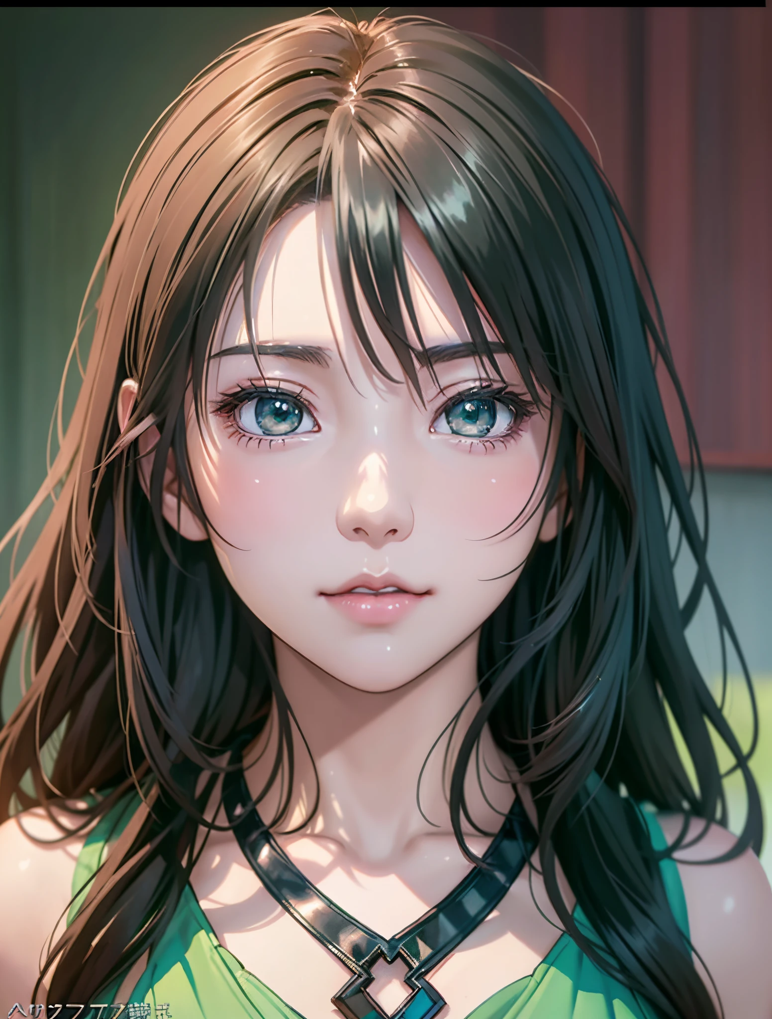 Close up portrait of woman with green dress and necklace, artwork in the style of guweiz, realistic anime 3 d style, Beautiful Anime Portrait, Anime Realism Style, detailed portrait of an anime girl, beautiful character painting, by Yang J, Stunning anime face portrait, Realistic anime art style, Portrait of an anime girl, beautiful anime style