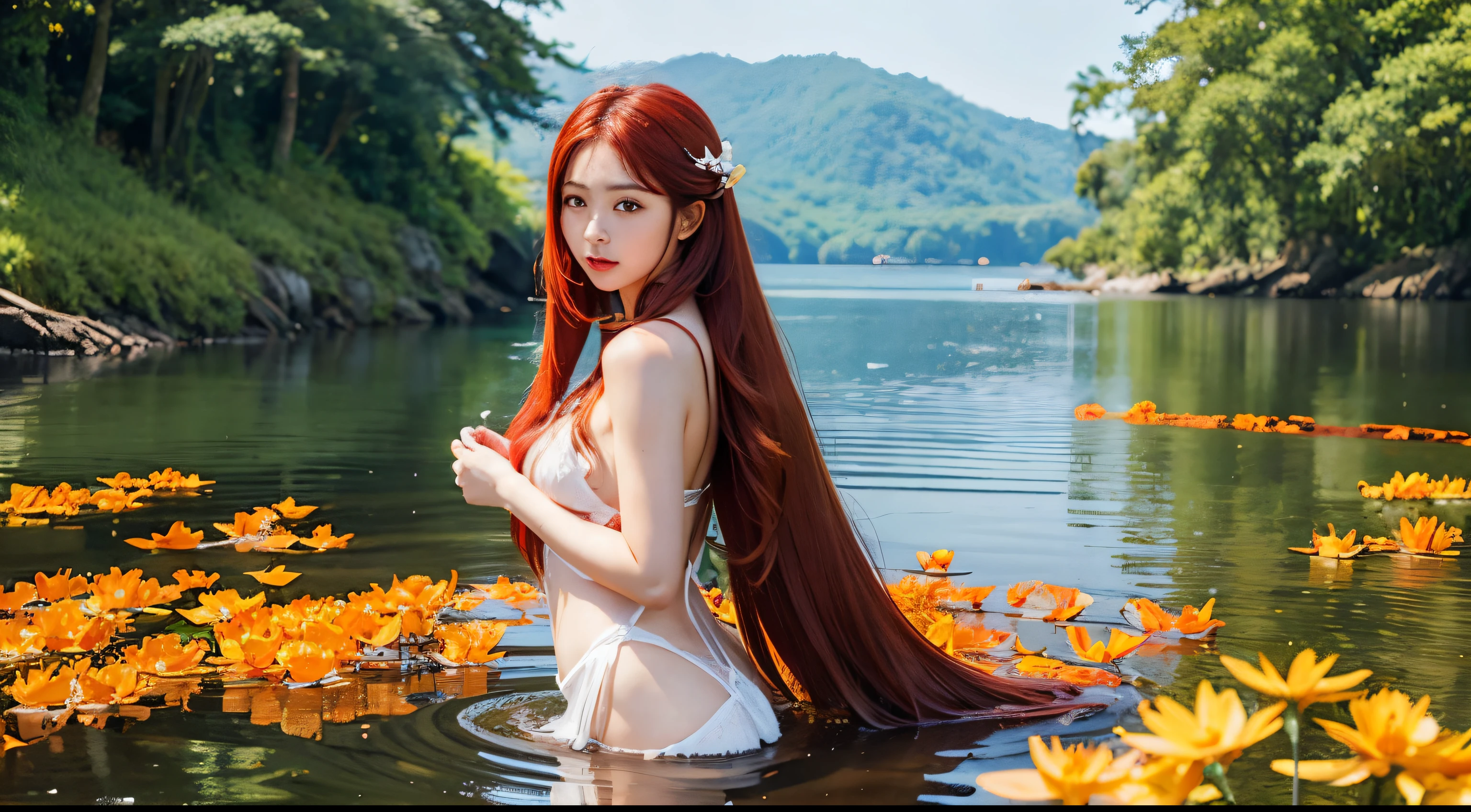 Girl In The Water, Long red flowing hair, Angel wings, an orange、amarelo、White lily flowers