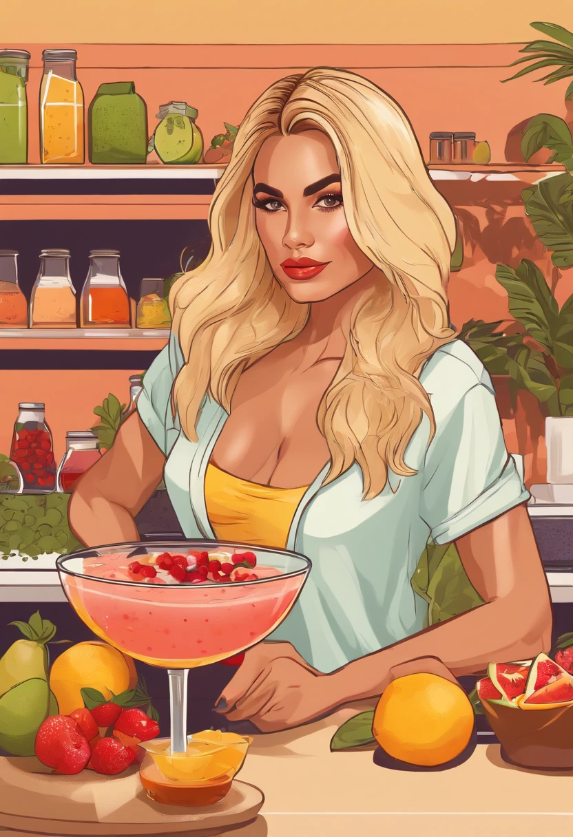 An image of Stacy's mom at a trendy juice bar, sipping on a green smoothie and chatting with the cute barista.,original,Blonde, tall, thin, boob job, a lot of makeup. Skimpy outfits.