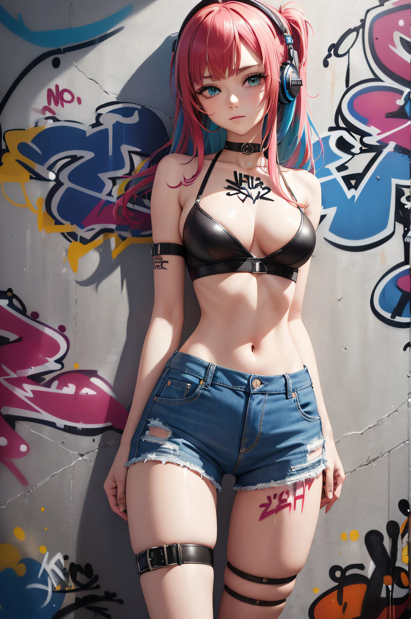 masterpiece, best quality, (extremely detailed CG unity 8k wallpaper, masterpiece, best quality, ultra-detailed, masterpiece, best quality, 1girl, solo, crop top, denim shorts, choker, (graffiti:1.5), paint splatter, arms behind back, against wall, looking at viewer, armband, thigh strap, paint on body, head tilt, bored, multicolored hair, aqua eyes, headset,