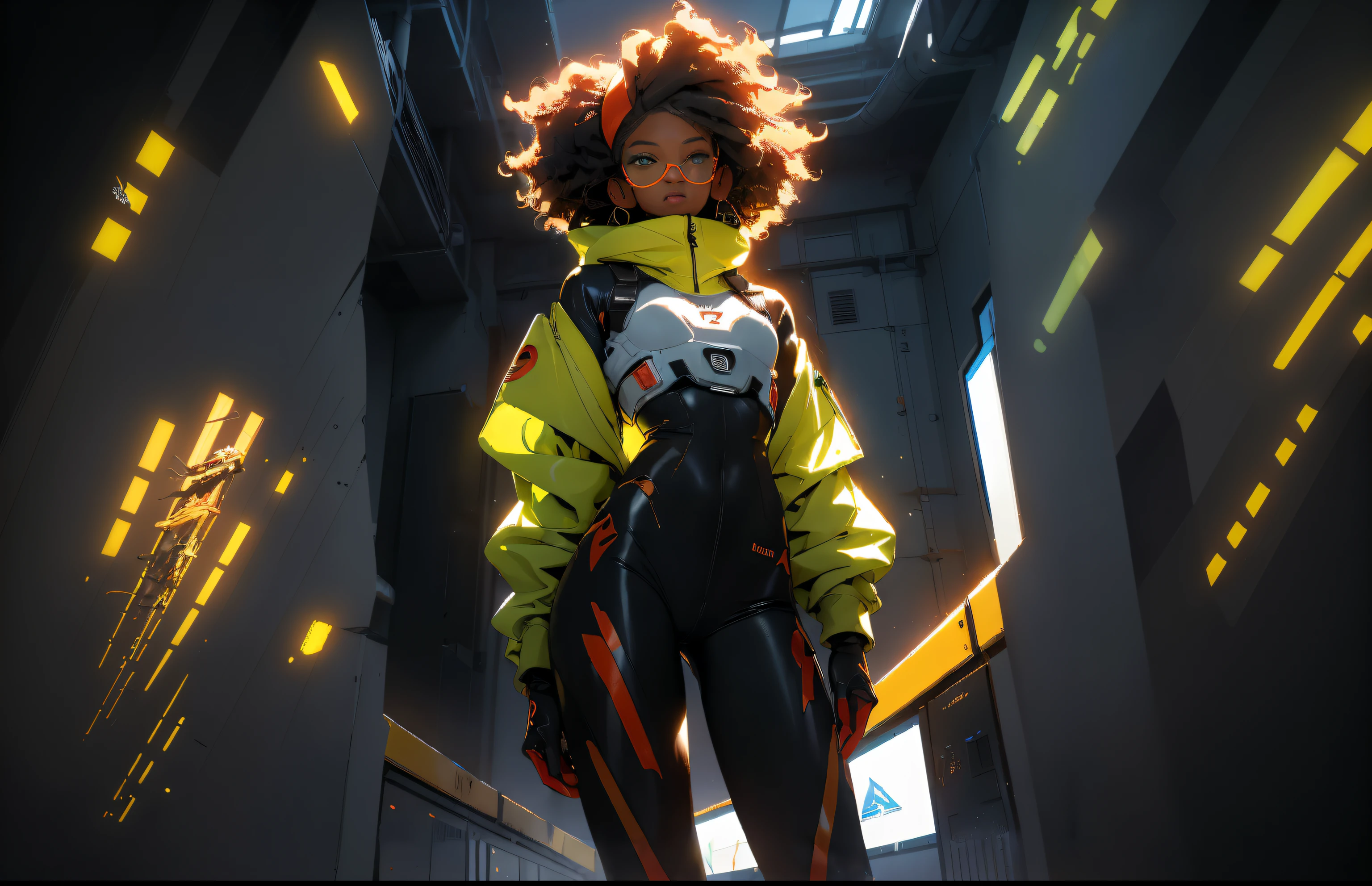 RAW, Masterpiece, Super Fine Photo, Ultra High Resolution, Photorealistic, Sunlight, Full Body Portrait, Stunningly Beautiful, Dynamic Poses, Delicate Face, Vibrant Eyes, solo, deep ebony 1girl, black girl, beautiful face, {{ braided hair / curly afro hair}}, black lips, a female character is wearing a yellow and black colored outfit with a backpack and a yellow hoodie jacket, black, yellow and white sports leisure, yellow futuristic smart goggles, clear lens, green eyes, long hair, diamond earrings, cybernetically enhanced, medium breasts, she is standing in front of spaceships and satellites, starry night sky, pigeoncore, neo-dadaist, Asuka Langley, neon genesis EVA suit, mechanized precision, space crew member, she holds an important position, in crowd spectator at a tech conference in the style of mecha sci-fi anime, 8k, best quality, highres, Unreal Engine:1.4,Ultra-realistic 64K CG, Photorealista:1.4, Skin Texture:1.4, Volumetric fog, 8k uhd, dslr, high quality, film grain, fair skin, photorealism, lomography, sprawling metropolis in a futuristic dystopia, view from below, translucent