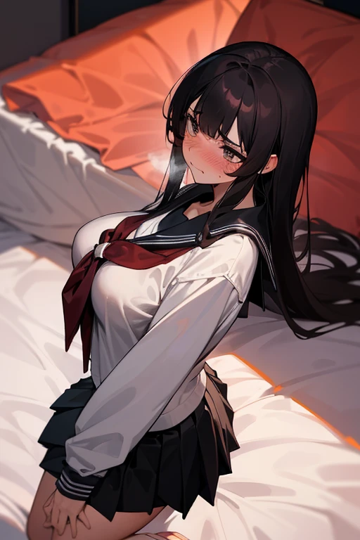 nsfw, 1Girl, lying in bed, lying on back, dark hair, long hair, black long-sleeved sailor uniform, black pleated skirt, (messy clothes: 1.0), (Background: on bedroom bed), Big tits: 1.4, Shy Face, upset,embarrassed,Blushing, Face in agony, Beautiful girl, Sweaty wet skin: 1.3,From above,Sunset, High quality, High resolution, Detail, masterpiece