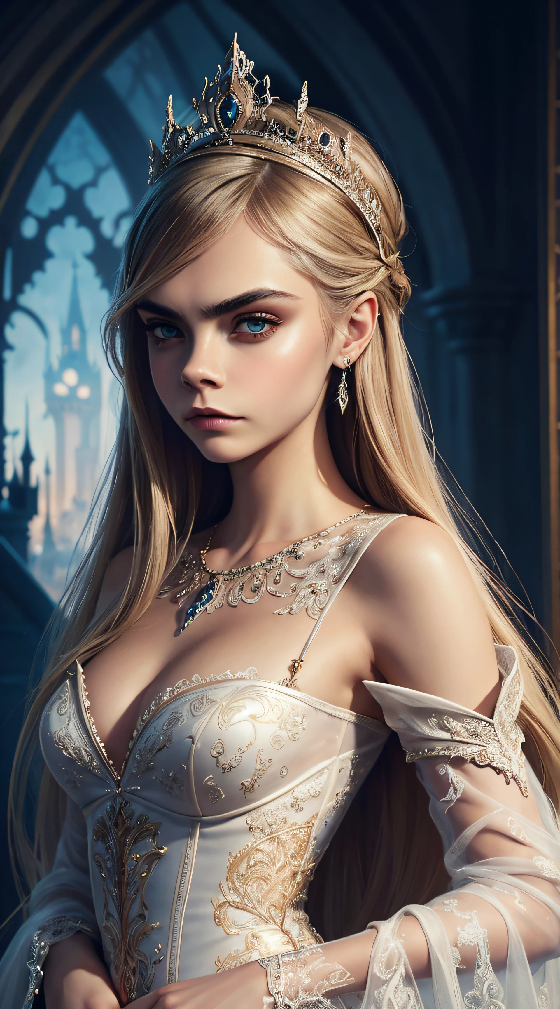 Cara Delevingne, princess swan sexy clothes, stand against the background of Disney Castle, character portrait, 5 9 9 0 s, long hair, intricate, elegant, highly detailed, digital painting, artstation, concept art, smooth, sharp focus, illustration, art by wlop, charlie bowater and alexandra fomina