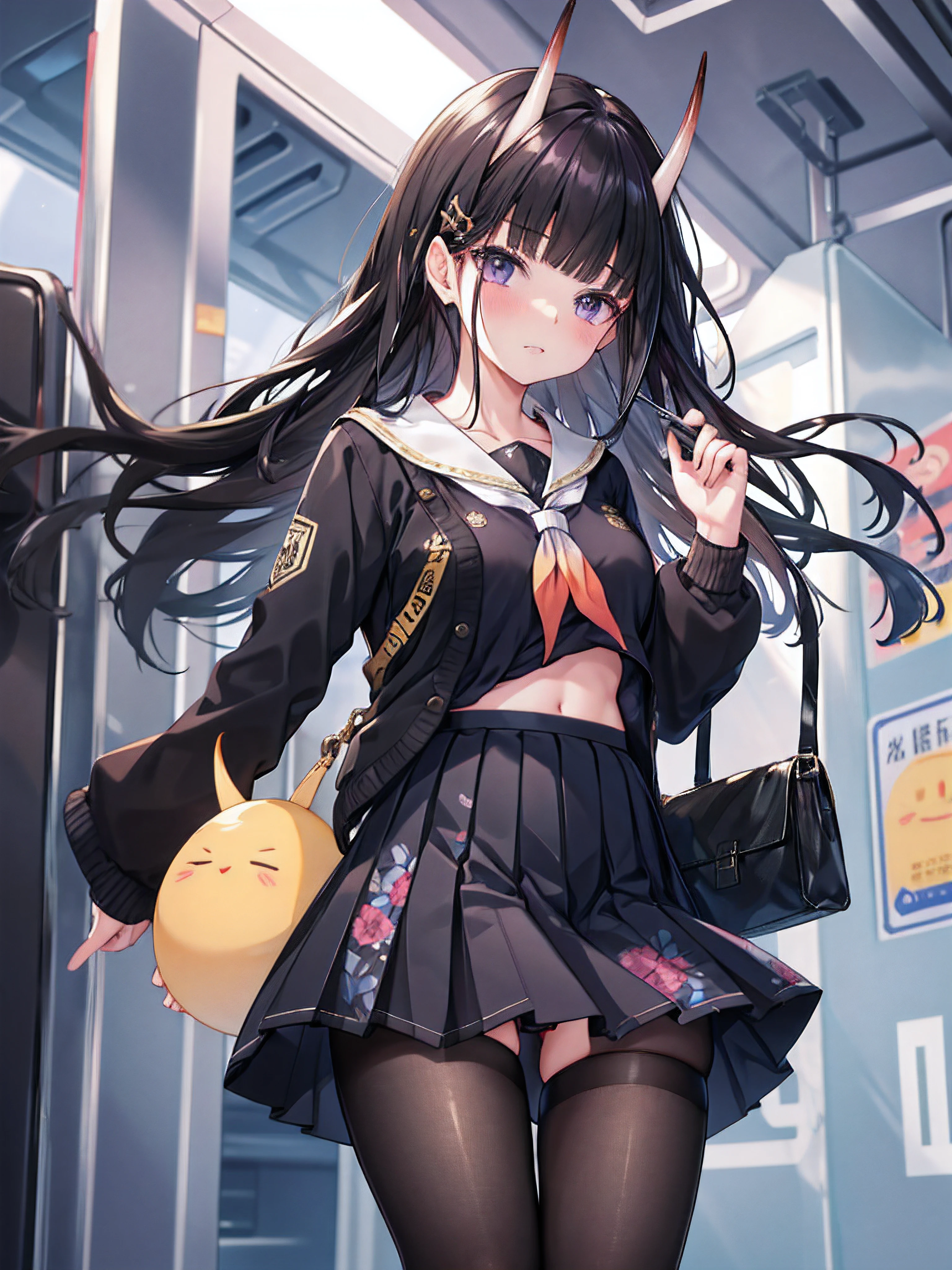 masterpiece, best quality, 1girl, solo, long hair, looking at viewer, skirt, black hair, school uniform, purple eyes, pantyhose, pleated skirt, horns, serafuku, cardigan, oni horns, open cardigan, black panty, floral lace undies, cameltoe, show panties, standing sexily, open legs, spread legs, miniskirt, lifting skirt, (lift skirt), holding skirt, inside the train, miniskirt