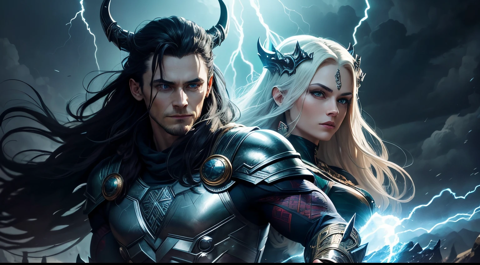 Loki, Thor, god of trickery, god of thunder, evil, strength, detailed face, mischievous smile, powerful lightning, dark aura, mythical creatures, dramatic lighting, Norse mythology, magical powers, intense stare, menacing expression, mystical background, thunderous storms, epic battle, vibrant colors, dynamic composition, epic art, supernatural beings, ancient legends, divine rivalry, mythical realms, thunderbolts, lightning bolts, intricate details, godly presence, captivating atmosphere, iconic characters, intricate costumes, fantastical landscapes, mystical powers, intricate mythology, intense rivalry, transcendent energy