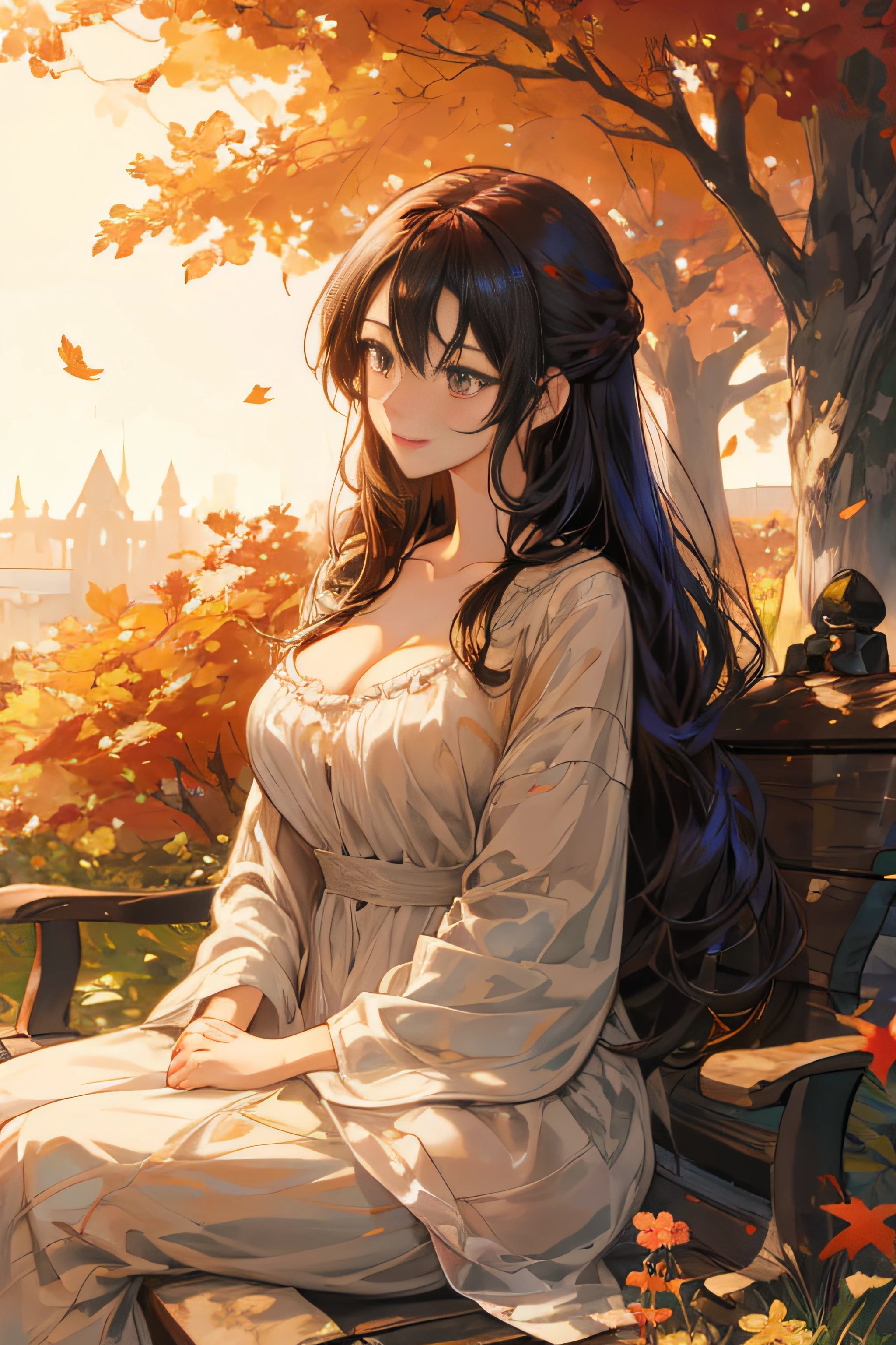 (high high quality, 8K), tropical garden, bench, Brown robe，gigantic cleavage breasts,sexy for,Chopping,Woman with flowers on hair, beautiful anime artwork, Beuatiful anime, A beautiful anime portrait, beautiful anime art, guweiz, Beautiful anime girls, clean and meticulous anime art, Soft anime illustration, Anime art wallpaper 4k, Anime art wallpaper 4k, detailed digital anime art, beautiful anime art style, beautiful anime style, detailed anime art,a detailed face,詳細な目,(Soft lighting),ssmile, (Autumn), (The leaves fall),Detailed faces, 詳細な目,