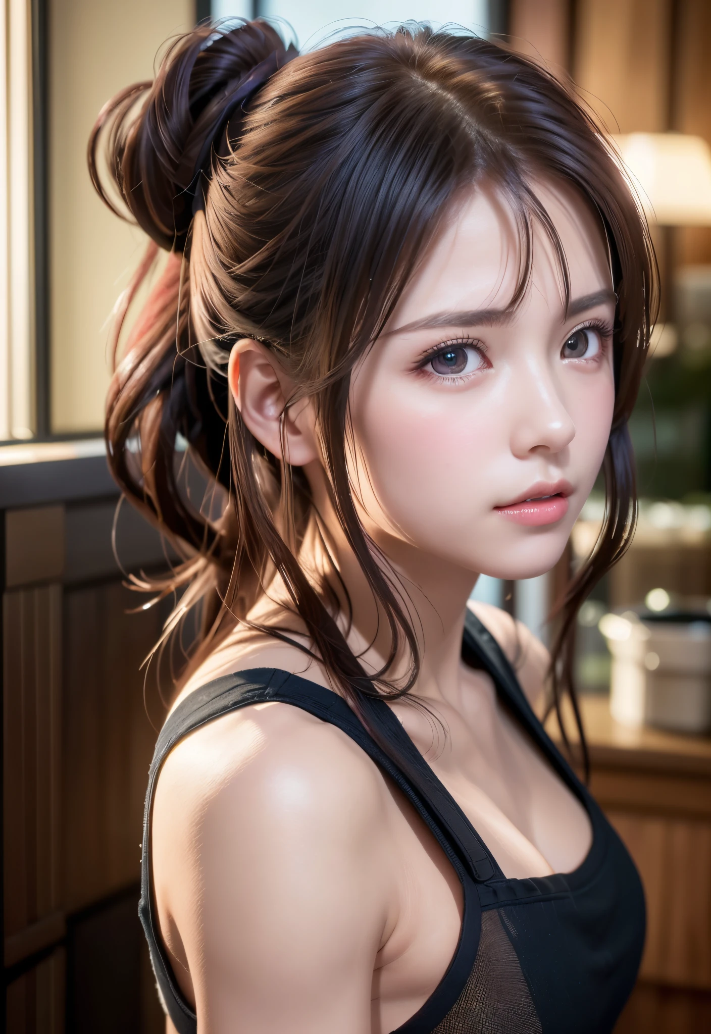 8K, of the highest quality, masutepiece:1.2), (Realistic, Photorealsitic:1.37), of the highest quality, masutepiece, Beautiful young woman, Pensive expression, Gentle eyes, Apron naked、Lovers、Hair tied back, Messy mood, Cinematic background, Light skin tone