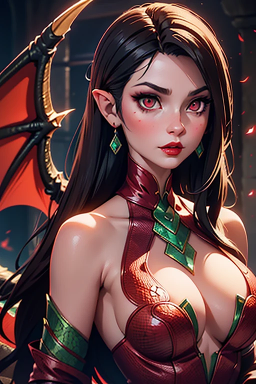 There is an adult European woman in grotto Dragon Girl, ,dragon scales, Dragon Wings, Dark hair, red lips, Eye shadow, natural makeup, long curved hait, beautiful , Second Life Avatar, Beautiful screenshot, Second Life, attractive woman, high quality, highly detailed skin, dynamic pos