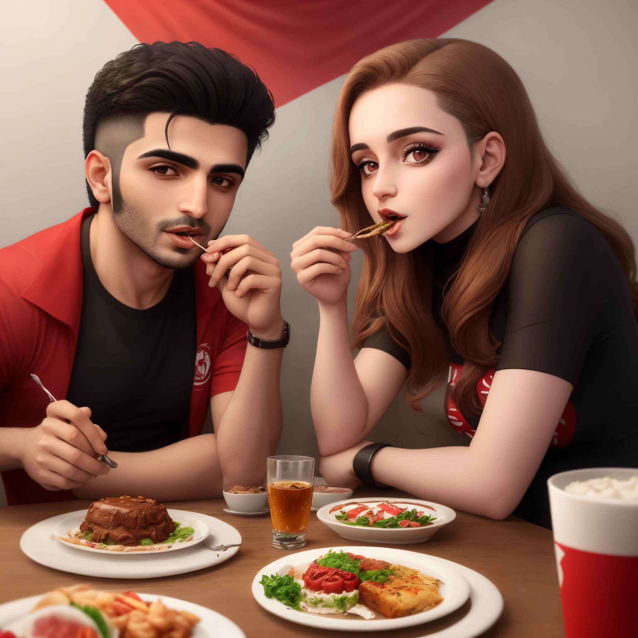 Ismail Qemaili and Isa Boletini eating stake with albanian Flag on background