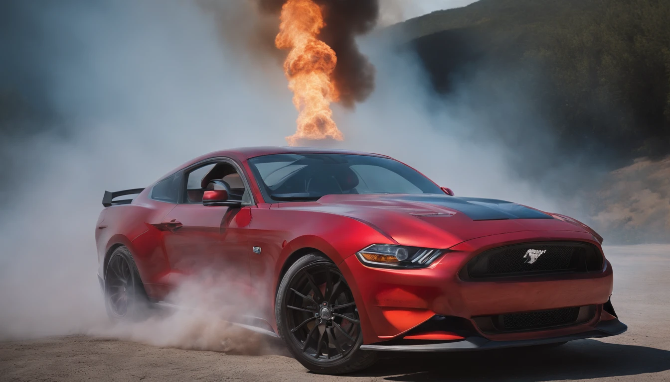 a (((hyper-realistic))), (((32k UHD masterpiece in the style of a cinematic art piece))). The focal point is a futuristic "race car muscle mustang" shown at a dynamic angle, engulfed in flames. The level of (detail is extraordinary), capturing the intricacies of the car's rear with bold textures and vibrant, contrasting colors. Predominantly blue and red hues dominate the composition, emphasizing the blazing car as the centerpiece.
The fire is depicted with a mix of grays and purples, creating a dramatic and intense atmosphere. The smoke billows in all directions, adding a surreal element to the scene. The image, with an aspect ratio of 16:9, fills the screen, immersing the viewer in the cinematic experience.
This hyper-realistic artwork draws inspiration from artists like Jackson Pollock, known for his dynamic "action painting" technique, and Salvador Dali, with his dreamlike, surreal images. The overall composition explores themes of speed, action, and transformation. The addition of film grain, sharp details, and a ((raw style reminiscent of Fujifilm XT3 35mm f4)) contributes to the ((studio art)) feel, creating a visually stunning representation of a (burning racing car).