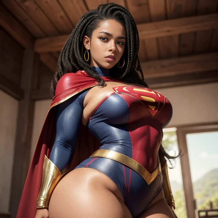 Emily is a black African woman, com pele muito escura, de 45 anos com cabelos escuros, geralmente preso em um coque ou rabo de cavalo. His eyes are dark and expressive, transmitindo sua personalidade sensual e sexy. She has an average height Sobre 1,60m, com seios grandes, muito grandes, seios muito fartos, seios flacidos, quadris enormes, BBW. Emily is a superhero muito sexy, super sexy, Usar roupas da supergirl, roupas supergirl transparentes, decote sexy. Ela costuma usar pouca maquiagem, preferindo um visual natural. best quality, Realistic photo, photo de corpo inteiro, sentada , muito cansada, roupa rasgada, cara de sofrimento.