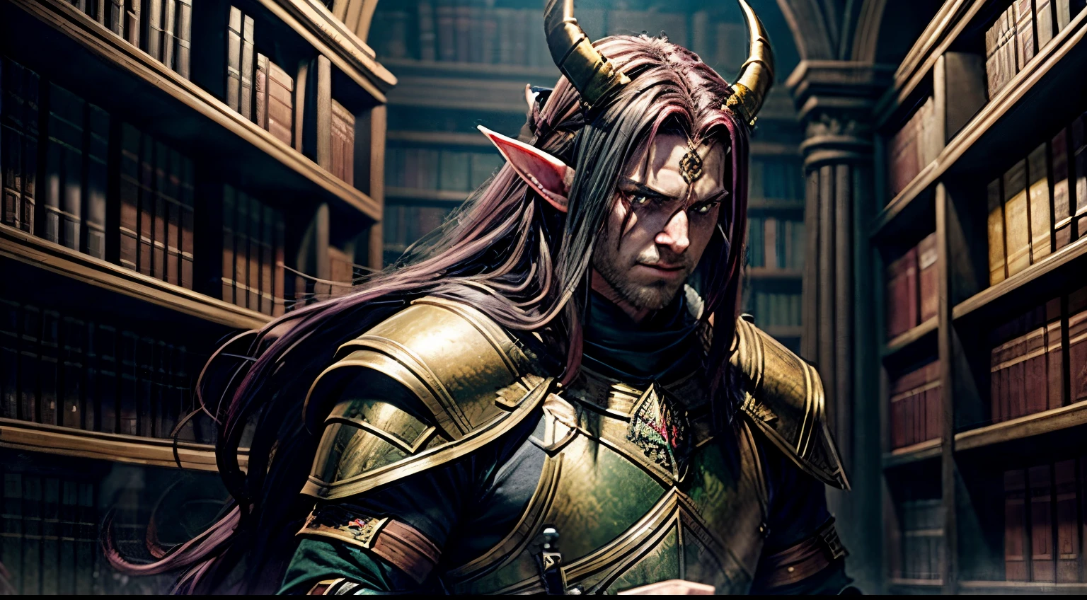 1 adult male half-elf, long maroon hair, (Horns: 1.2) from forehead sweeping up and back, sickly grey skin, branded scars on skin, purple eyes with sickly green glow, gaunt cheeks, sad eyes, dark bags under eyes, Ancient Library, bokeh, night, Wearing Scale-plate armour, holy symbol around neck gold-plated large ruby in centre, Spear in left hand, looking towards a scroll on a shelf, orange glow coming from character.