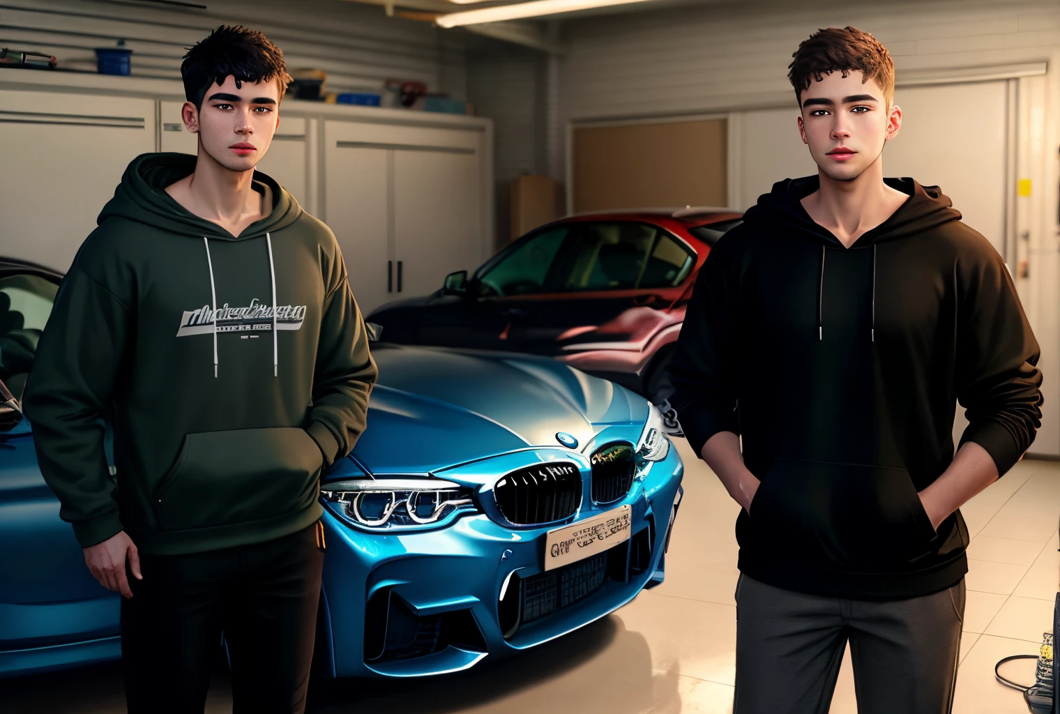 a realistic guy dressed in black hoodie and black pants stands near his BMW in his garage