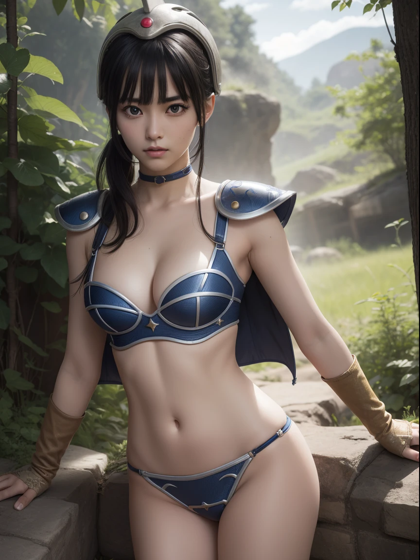 dragonballchichi, chi chi, (black eyes:1.5), black hair, long hair, hime cut, blunt bangs, sidelocks,
BREAK armor, bikini armor, cape, collarbone, gloves, helmet, navel, pauldrons, shoulder armor, cleavage,
BREAK outdoors, nature, forest, cloud, sky, sun,
BREAK looking at viewer, (cowboy shot:1.5),
BREAK (masterpiece:1.2), best quality, high resolution, unity 8k wallpaper, (illustration:0.8), (beautiful detailed eyes:1.6), extremely detailed face, perfect lighting, extremely detailed CG, (perfect hands, perfect anatomy),