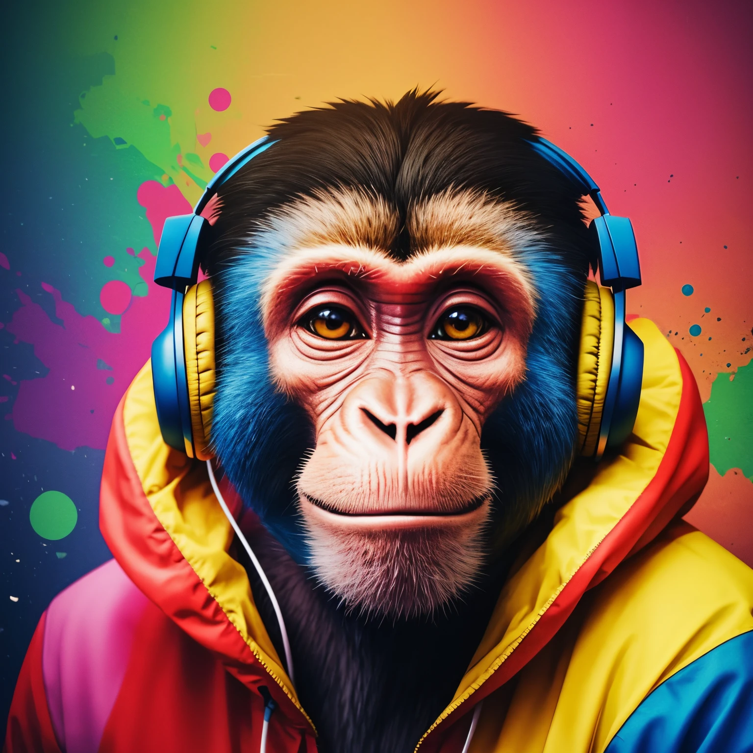 Face of a colorful monkey with headphones