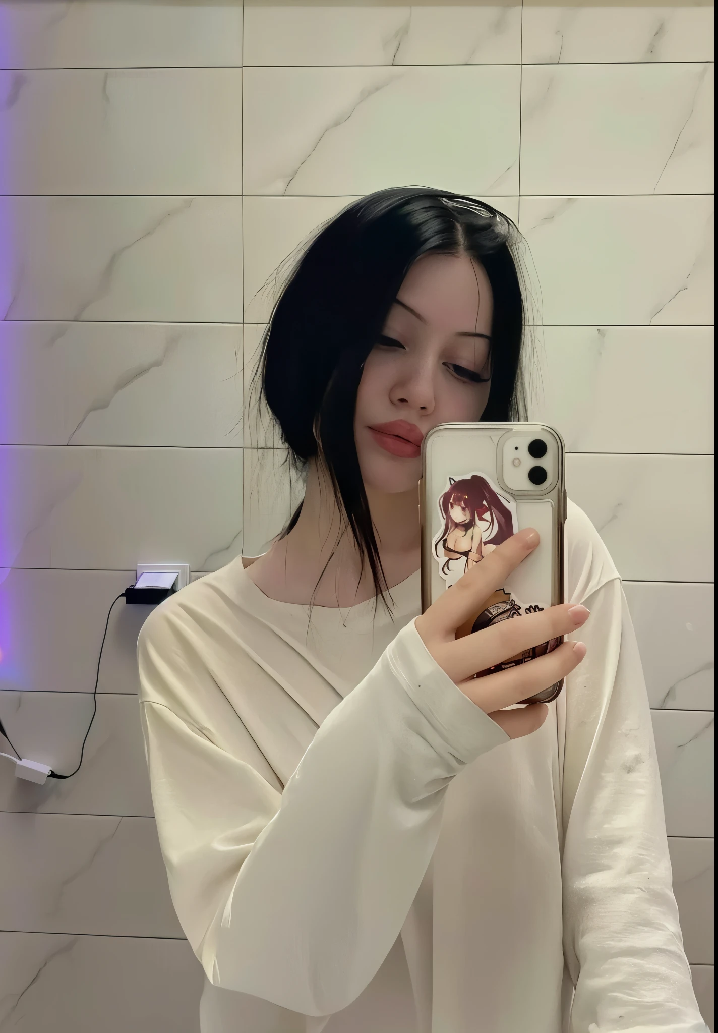 mulher tirando uma selfie em um espelho do banheiro com um telefone celular, Ilya Kuvshinov com cabelo longo, her hair is white, Menina anime na vida real, branco hime corte penteado, 🤤 retrato da menina, she is holding a smartphone, ( Ilya Kuvshinov ), terno liso branco apertado roupas terno, Anna Nikonova aka Newmilky, 19-year-old girl
