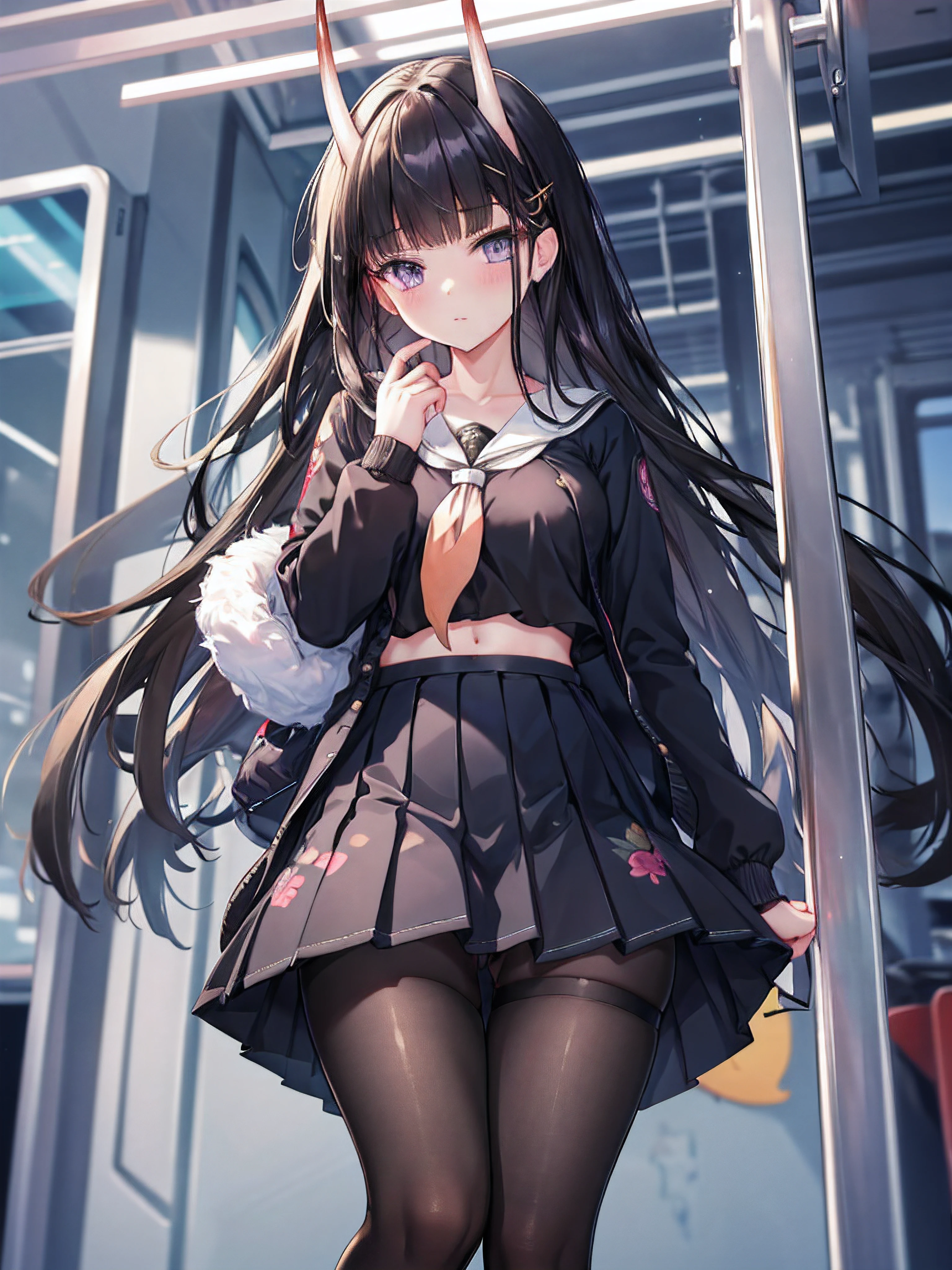 masterpiece, best quality, 1girl, solo, long hair, looking at viewer, skirt, black hair, school uniform, purple eyes, pantyhose, pleated skirt, horns, serafuku, cardigan, oni horns, open cardigan, black panty, floral lace undies, cameltoe, show panties, standing sexily, open legs, spread legs, miniskirt, lifting skirt, (lift skirt), holding skirt, inside the train