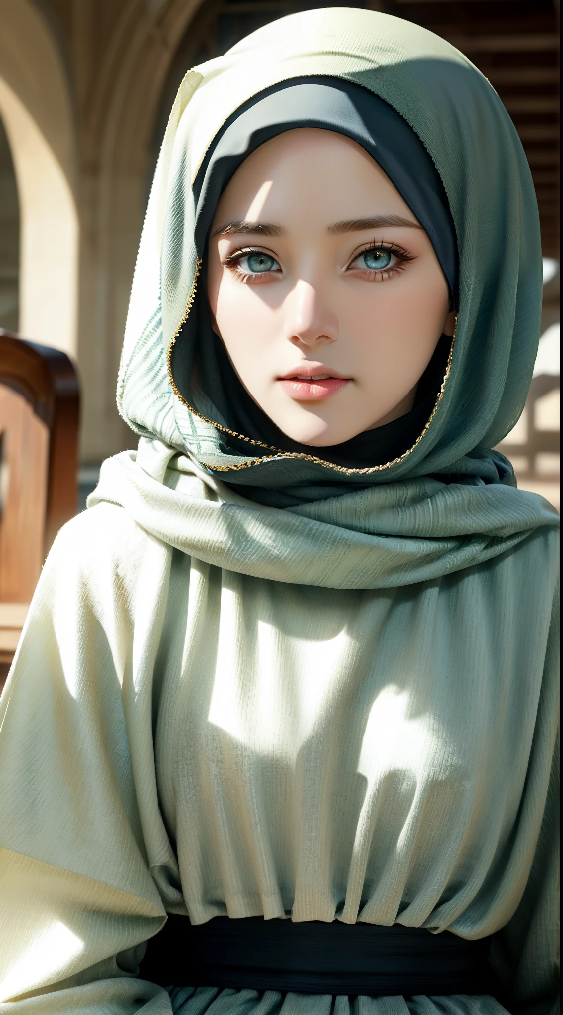 1lady , solo, beautiful face, high detailed realistic green eyes, double eyelids, high detailed realistic pupils, (upon body from head to waist:1.36), (wearing hijab:1.37), (moslem headscarf:1.37), reading glasses, sitting alone on a long chair, amazing mosque park background, taj mahal, best quality, masterpiece, highres, black and white moslem female dress, Beautiful face, (upon body from head to waist:1.35), tyndall effect, photorealistic, dark studio, two tone lighting, 8k uhd, dslr, soft lighting, high quality, volumetric lighting, candid, Photograph, high resolution, 4k, 8k, Bokeh, (hyperrealistic girl), (illustration), (high resolution), (extremely detailed), (best illustration), (beautiful detailed eyes), (best quality), (ultra-detailed), (masterpiece), (wallpaper), (photorealistic), (natural light), (rim lighting), (detailed face), (high detailed realistic skin face texture), (anatomically correct), (heterochromic eyes), (detailed eyes), (sparkling eyes), (dynamic pose), (hair completely covered by the hijab:1.35), looking to viewer