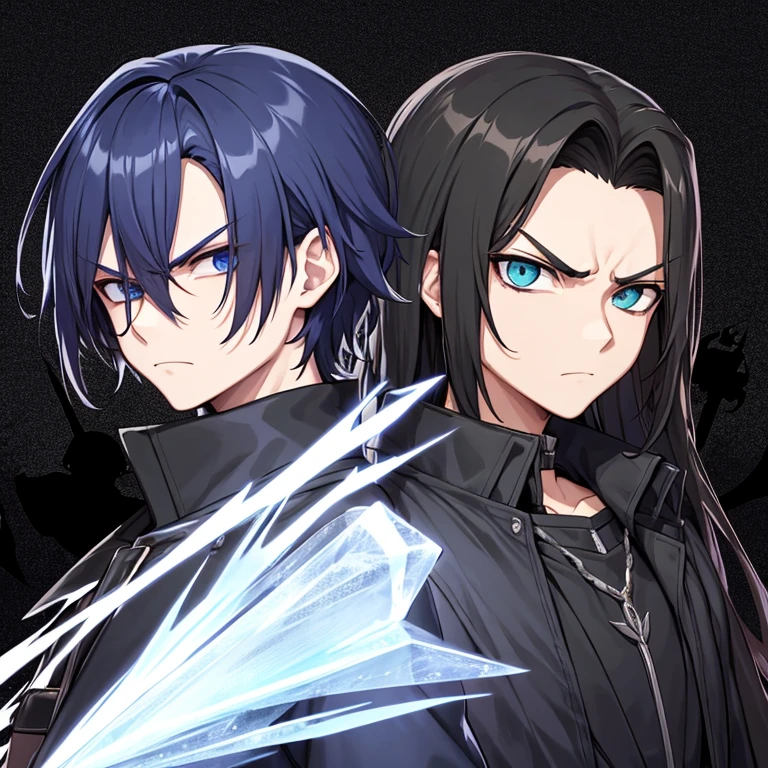 2homens, foice, espada, roupa rasgada, os dois tem cabelo preto, serious face, hate on the face, roupas pretas, Demonic background, um tem foice, o outro tem espada, hunters, mortes