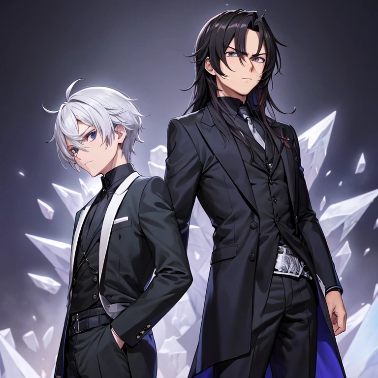 2homens, foice, espada, roupa rasgada, os dois tem cabelo preto, serious face, hate on the face, roupas pretas, Demonic background, um tem foice, o outro tem espada, hunters, mortes
