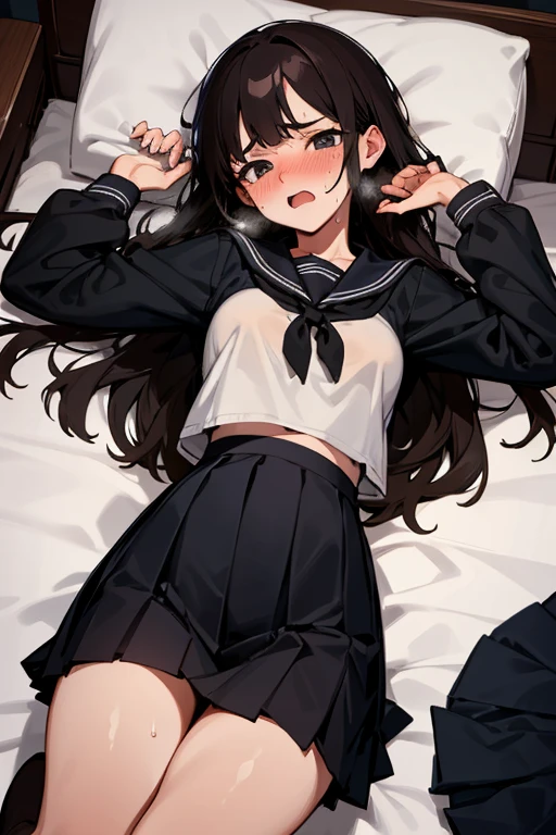 nsfw, 1Girl, lying in bed, lying on back, dark hair, long hair, black long-sleeved sailor uniform, black pleated skirt, (messy clothes: 1.0), (Background: on bedroom bed), Big tits: 1.4, Shy Face, upset,embarrassed,open mouth,Blushing,Face in agony, Beautiful girl, Sweaty wet skin: 1.3,From above,Sunset, High quality, High resolution, Detail, masterpiece