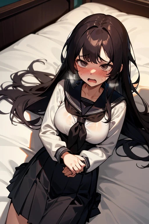 nsfw, 1Girl, lying in bed, lying on back, dark hair, long hair, black long-sleeved sailor uniform, black pleated skirt, (messy clothes: 1.0), (Background: on bedroom bed), Big tits: 1.4, Shy Face, upset,embarrassed,open mouth,Blushing,Face in agony, Beautiful girl, Sweaty wet skin: 1.3,From above,Sunset, High quality, High resolution, Detail, masterpiece