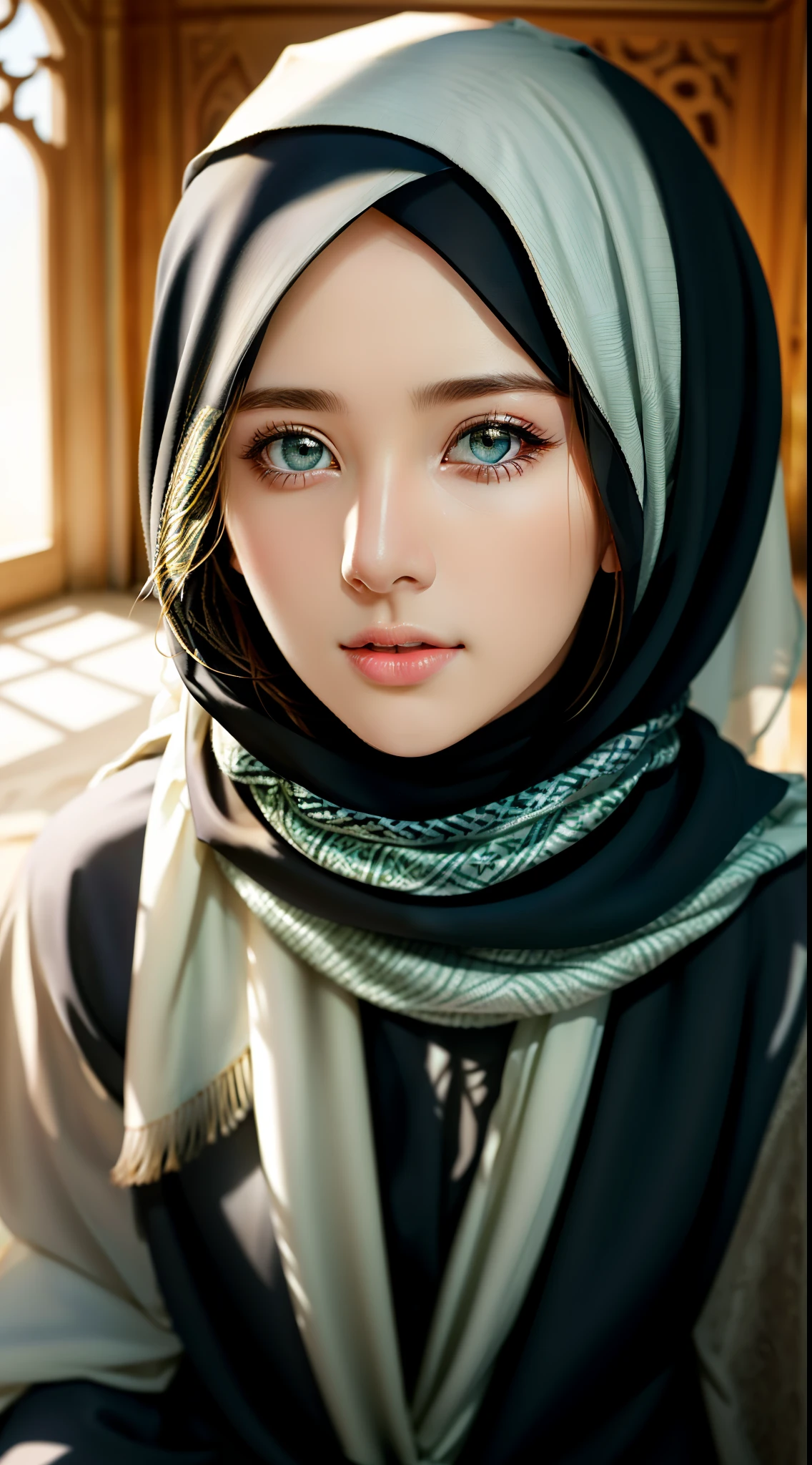 1girl, solo, beautiful face, high detailed realistic eyes, double eyelids, high detailed realistic pupils, (upon body from head to waist:1.36), (wearing hijab:1.37), (moslem headscarf:1.37), reading glasses, sitting alone on a long chair, amazing mosque park background, taj mahal, best quality, masterpiece, highres, black and white moslem female dress, Beautiful face, (upon body from head to waist:1.35), tyndall effect, photorealistic, dark studio, two tone lighting, 8k uhd, dslr, soft lighting, high quality, volumetric lighting, candid, Photograph, high resolution, 4k, 8k, Bokeh, (hyperrealistic girl), (illustration), (high resolution), (extremely detailed), (best illustration), (beautiful detailed eyes), (best quality), (ultra-detailed), (masterpiece), (wallpaper), (photorealistic), (natural light), (rim lighting), (detailed face), (high detailed realistic skin face texture), (anatomically correct), (heterochromic eyes), (detailed eyes), (sparkling eyes), (dynamic pose), (hair completely covered by the hijab:1.35), looking to viewer