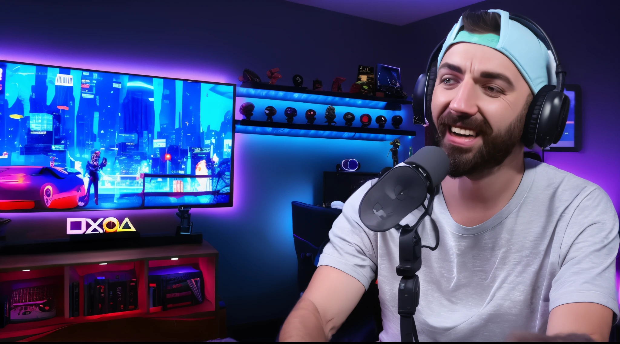 homem com fones de ouvido em frente a um microfone, Streaming na Twitch, Streamer do Twitch, h3h3, Streamer do Twitch / Jogador Ludwig, Jacksepticeye, Jody Highroller, Vinny de Vinhinha, Markiplier, Twitch TV |, Asmongold, Tony Khan usando um fone de ouvido, Explosion with blue light, epic cold blue lighting