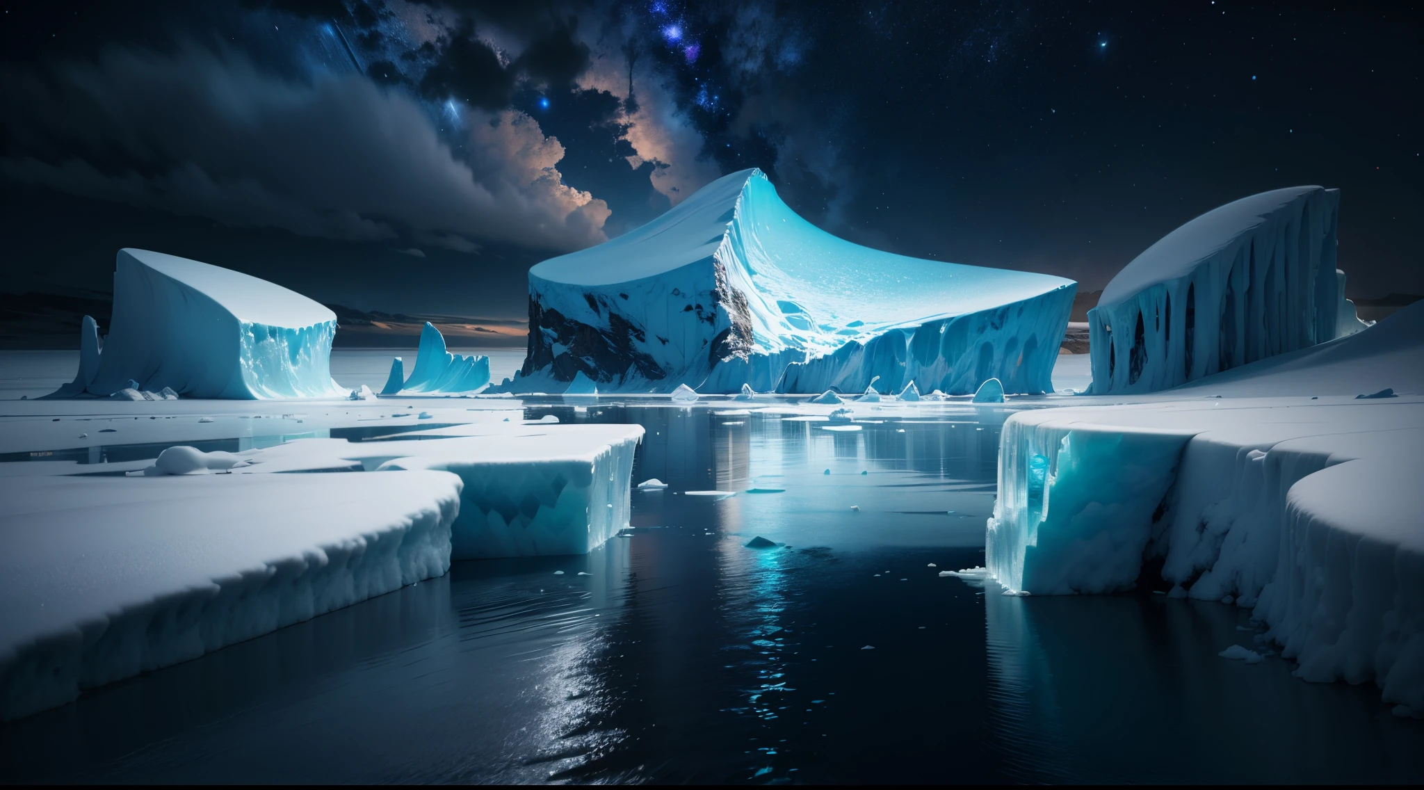 ice field, icebergs, middle of an ocean, dark night, barely visible, ultra realistic, night sky, masterpiece, UHD, super detail, best quality, ray tracing, cinematic lighting