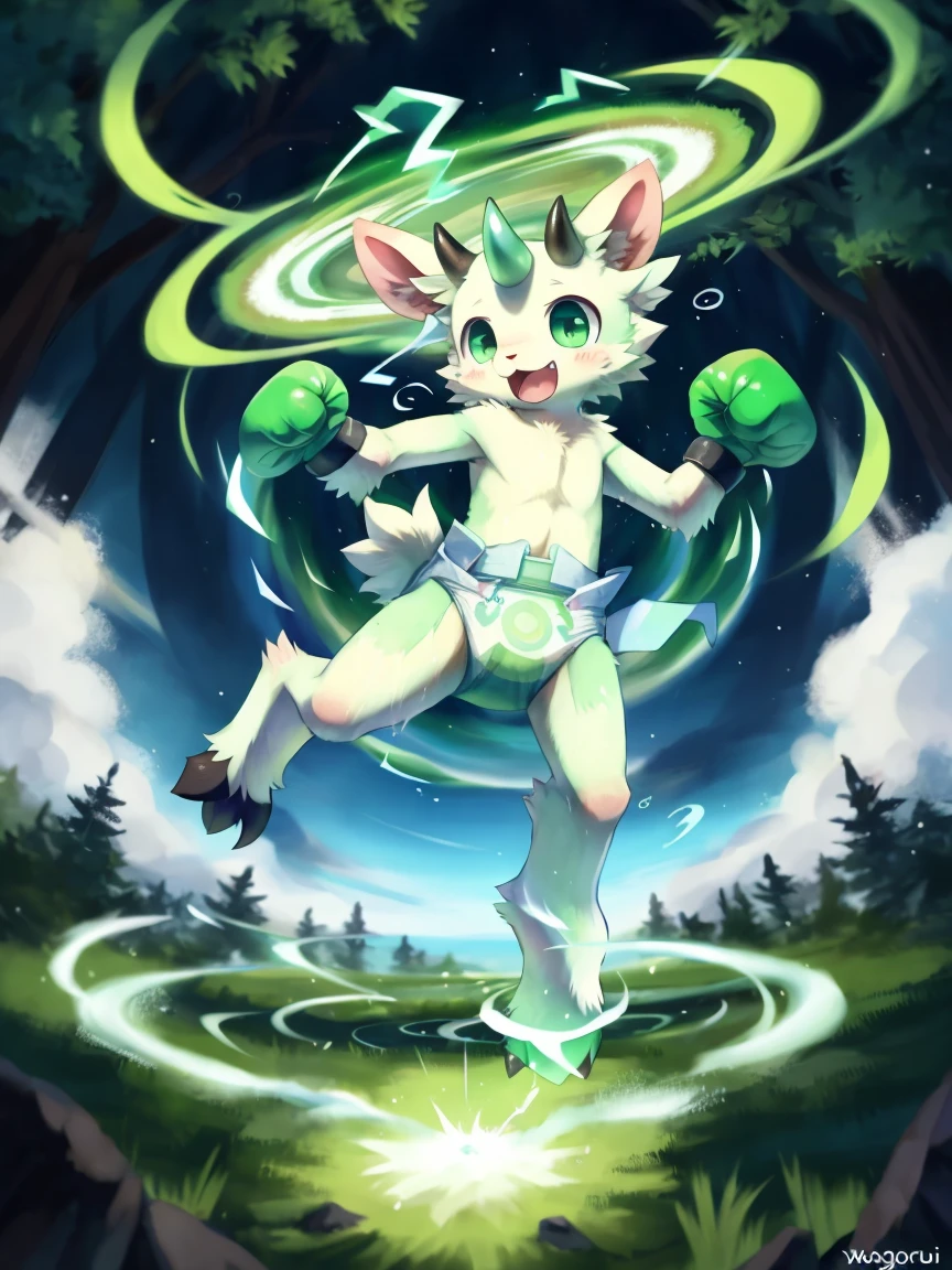 ((by wadorigi on Twitter)(Lamb)), pokemon, kid proportions, cute, adorable , thin thighs, hooves, upper limb hooves, light green fur, horns made of emerald , powerful green spiral wind current on surroundings, ( green swirling whirlwind effect), surrounded by green swirling whirlwinds of magic, multiple green swirling whirlwinds on background, wearing soggy messy padded diaper, (leather padded boxing gloves), leather wrist cuffs, running like ninja, green swirling whirlwind spheres on fists, in forest