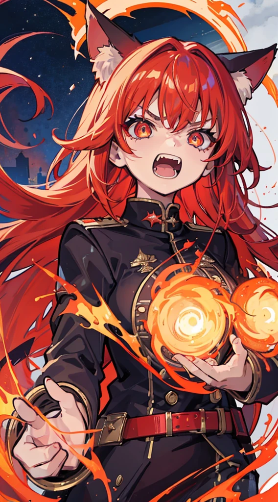 1girl in、angry、Screaming、cat eyes eyes、Pointed teeth、Dragon ears、red hairs、Hair is on fire、German military uniform
