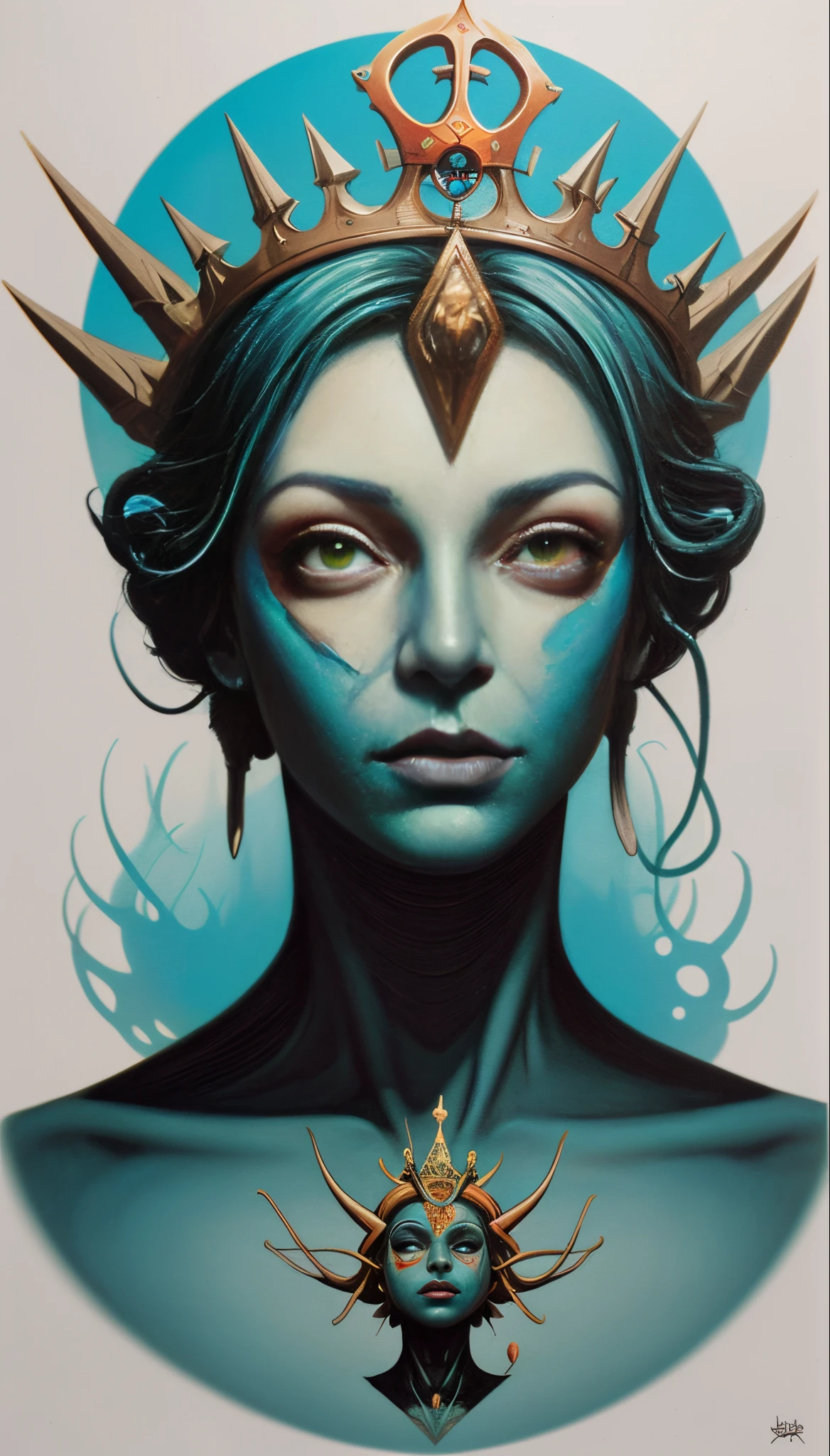 a close-up of a face with a crown on it, Godmachine, Beeple et Jeremiah Ketner, Greg Beeple, DMT Dieu, Dans le style de Peter Mohrbacher, Peter Mohrbacher et Takayuk, Style Peter Mohrbacher, Beeple et Jean Giraud, Djinn bleu, Artwork Psytrance