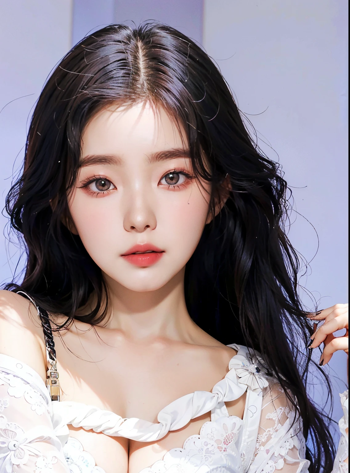 Un primer plano de una mujer con cabello largo y negro con un vestido blanco, ulzzang, maquillaje popular de Corea del Sur, Modelo IG | Artgerm, Chica coreana, Yanjun Chengt, inspirado por Yanjun Cheng, maquillaje coreano popular, Retrato Jisoo Blackpink, Hermosa joven coreana, Hermosa mujer surcoreana, Beautiful aesthetic face, Hermosa joven coreana
