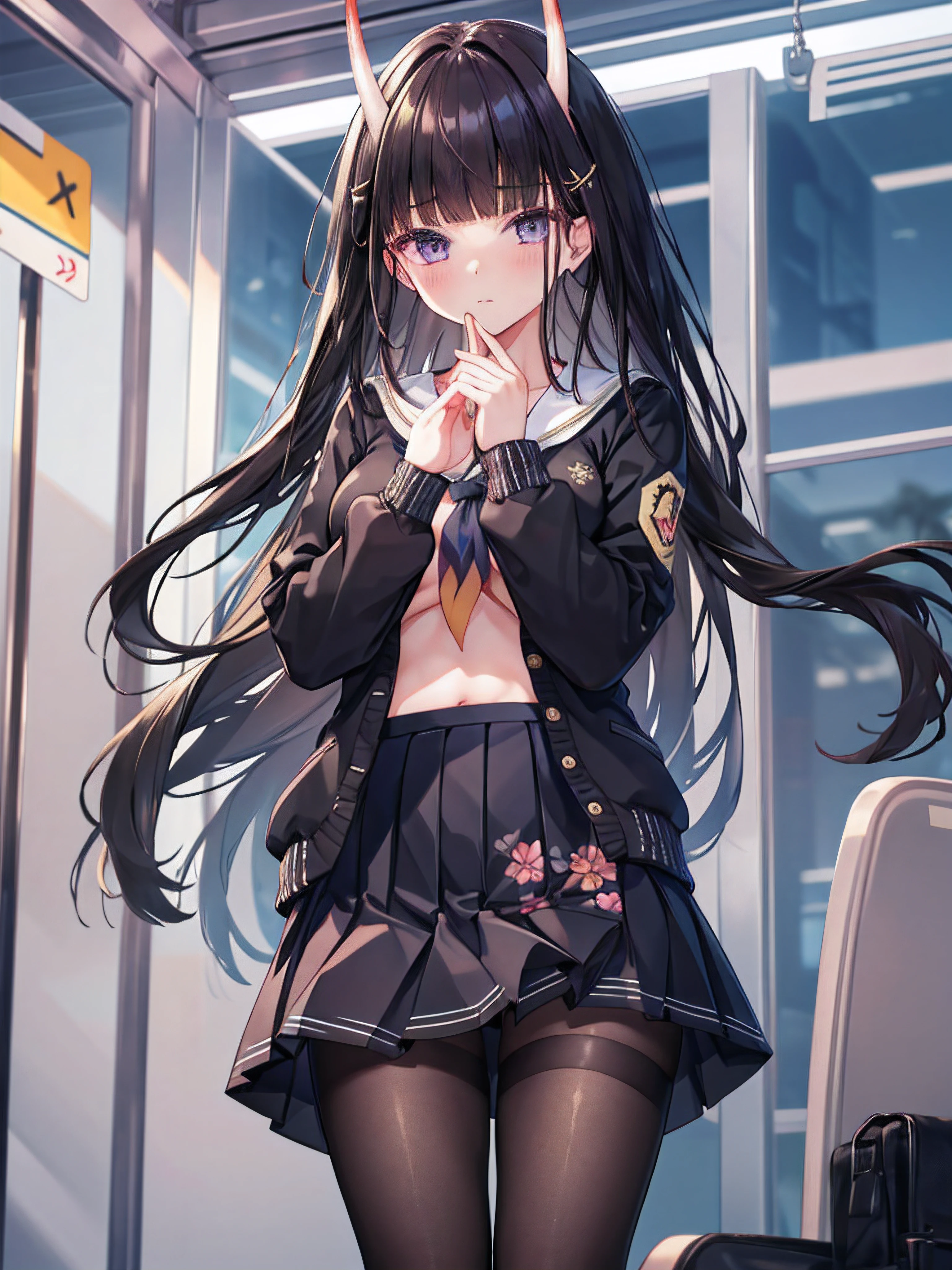 masterpiece, best quality, 1girl, solo, long hair, looking at viewer, skirt, black hair, school uniform, purple eyes, pantyhose, pleated skirt, horns, serafuku, cardigan, oni horns, open cardigan, black panty, floral lace undies, cameltoe, show panties, standing sexily, open legs, spread legs, miniskirt, lifting skirt with both hands, (lift skirt), hold skirt with both hands, inside the train