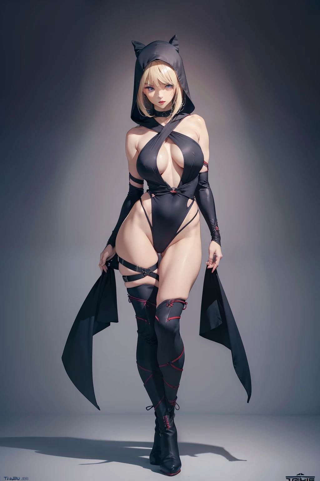 ((masterpiece, best quality, ultra-detailed, ultra-HD, photorealistic, cinematic)), (alluring female ninja), (surrealism), (wide shot, full body view:1.5), perfect body, sexy body, perfect face, perfect hands, delicate face, large cleavage, round ass, long round legs, (Sleek and pulled-back blonde hair), (a ninja hood), (a sleek, form-fitting jumpsuit in dark hues), (tabi boots with split toes), (An intricately tied obi), (aesthetic arm and leg wraps for added detail), (sensual pose), (gradient background:1.2), blue eyes, detailed pupils, deep red lips, blushing, slightly parted lips