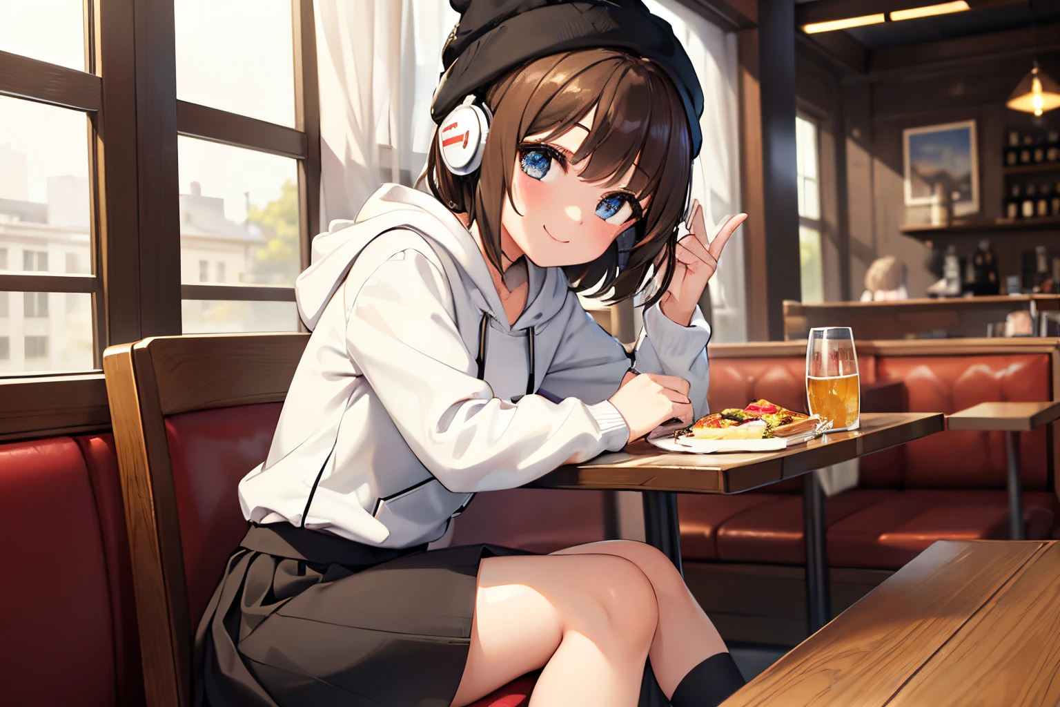 (masterpiece), (best quality), (ultra detailed beautiful face and eyes), solo, young girl, (Having fun having lunch at a restaurant), dynamic angle, smiling, short cut, brown hair, ((hoodie) and (black skirt)), headphones, winter hat, restaurant, sun, dispersion of light,