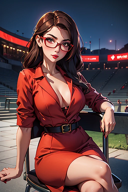 A beautiful woman, brunette, red lip, wears glasses, sexy teacher wearing a spring red dress, bue eyes, in an amphitheater, university, Sit on a chair, Big chest, thin waist, tight clothing, naughty, Blushing, eYeliner, big eyelashes, seductive pose, in the dark ,