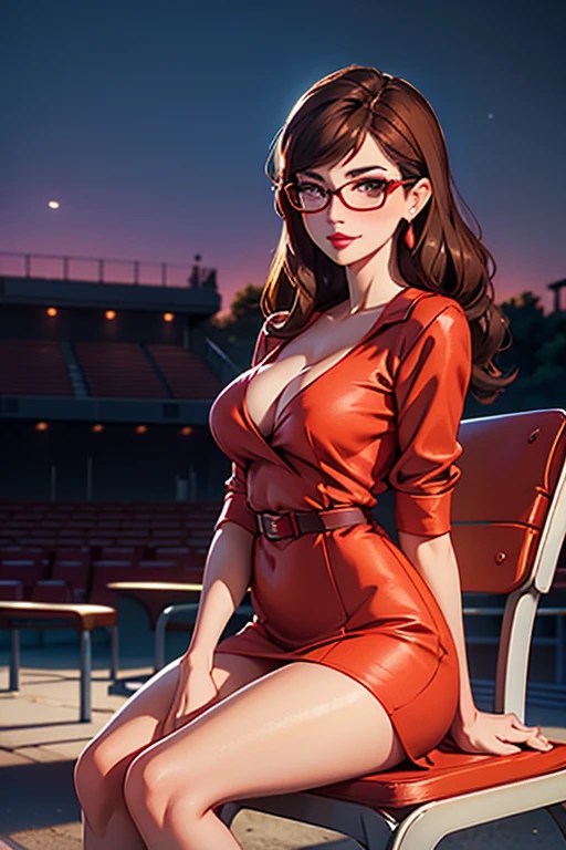 A beautiful woman, brunette, red lip, wears glasses, sexy teacher wearing a spring red dress, bue eyes, in an amphitheater, university, Sit on a chair, Big chest, thin waist, tight clothing, naughty, Blushing, eYeliner, big eyelashes, seductive pose, in the dark ,