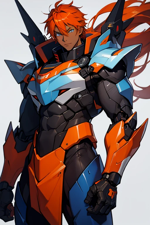 dark skin man, blue eyes, orange hair, mecha outfit, abs