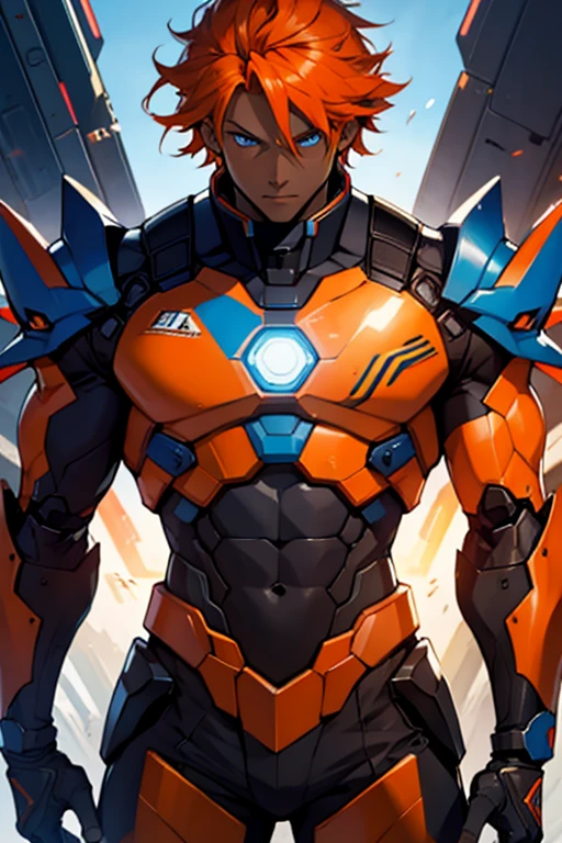 dark skin man, blue eyes, orange hair, mecha outfit, abs