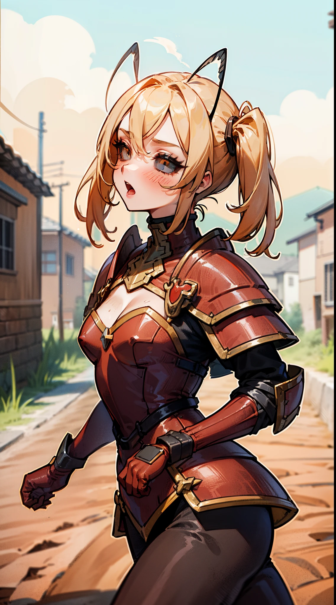 (Original Character,8k, Masterpiece, Best Quality,Detailed, Beautiful Detailed Eyes, solo),mature female,small, fine skin,cleavage,blush,black eyes,black sclera,yellow hair,twintail hair,black pantyhose,(((hair 2antennas large))),((red armor)),((walking in a dirt road,in a village)),from side,open mouth,hands behind head