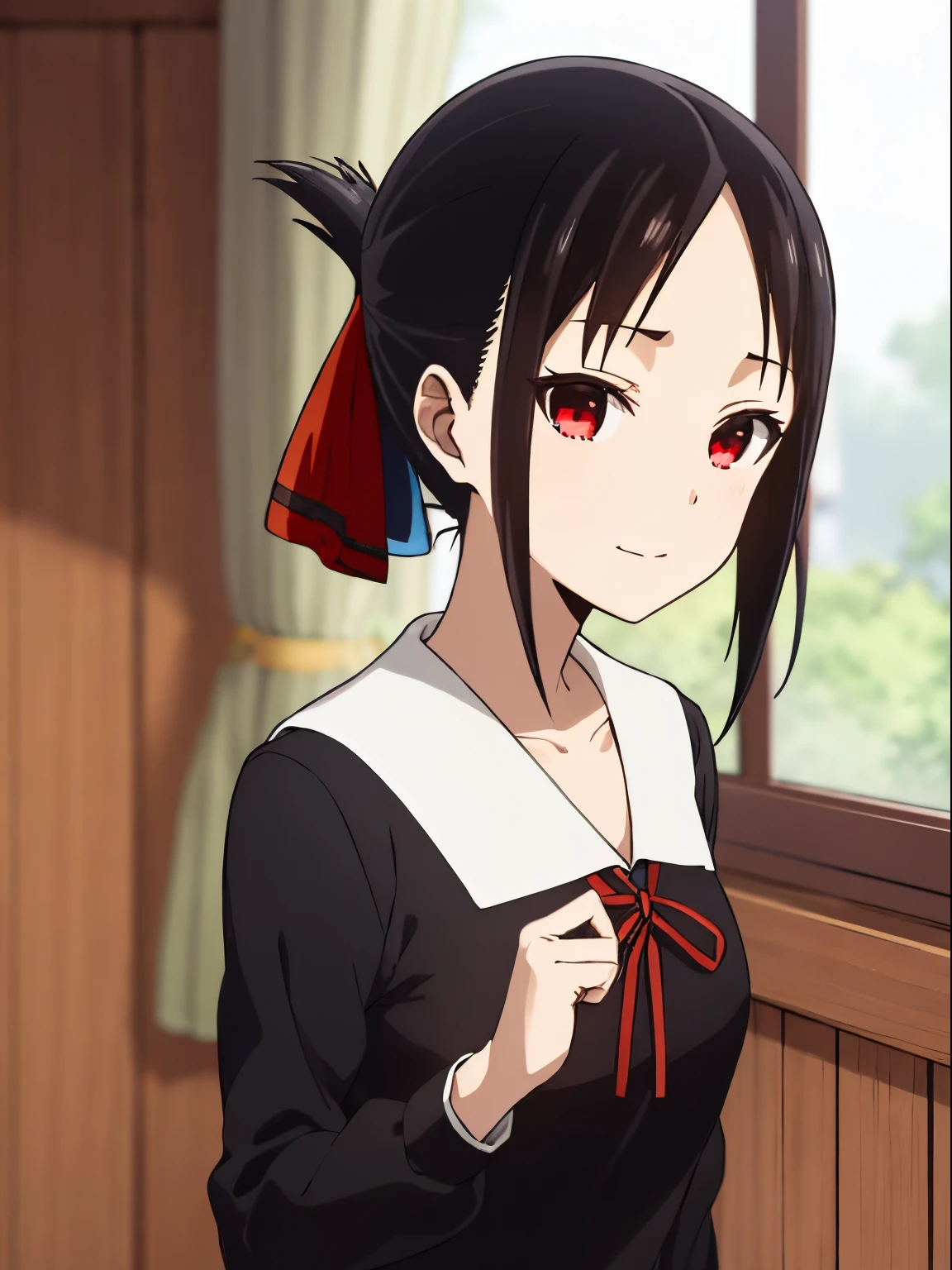 Best Quality, 超A high resolution, top-quality, Anime style, The best lighting, Beautiful face, Best Quality, (masutepiece:1.2), Detailed,
Kaguya Shinomiya,
1girl in, Solo, Closed mouth, lightsmile,
Black hair, Red Eyes, Short hair, folded ponytail, Hair Ribbon,
School uniform, Black Dress, Long sleeves, Red Ribbon,
Standing, Looking at the viewer,
crass room