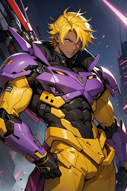 dark skin man, purple eyes, yellow hair, mecha outfit, abs